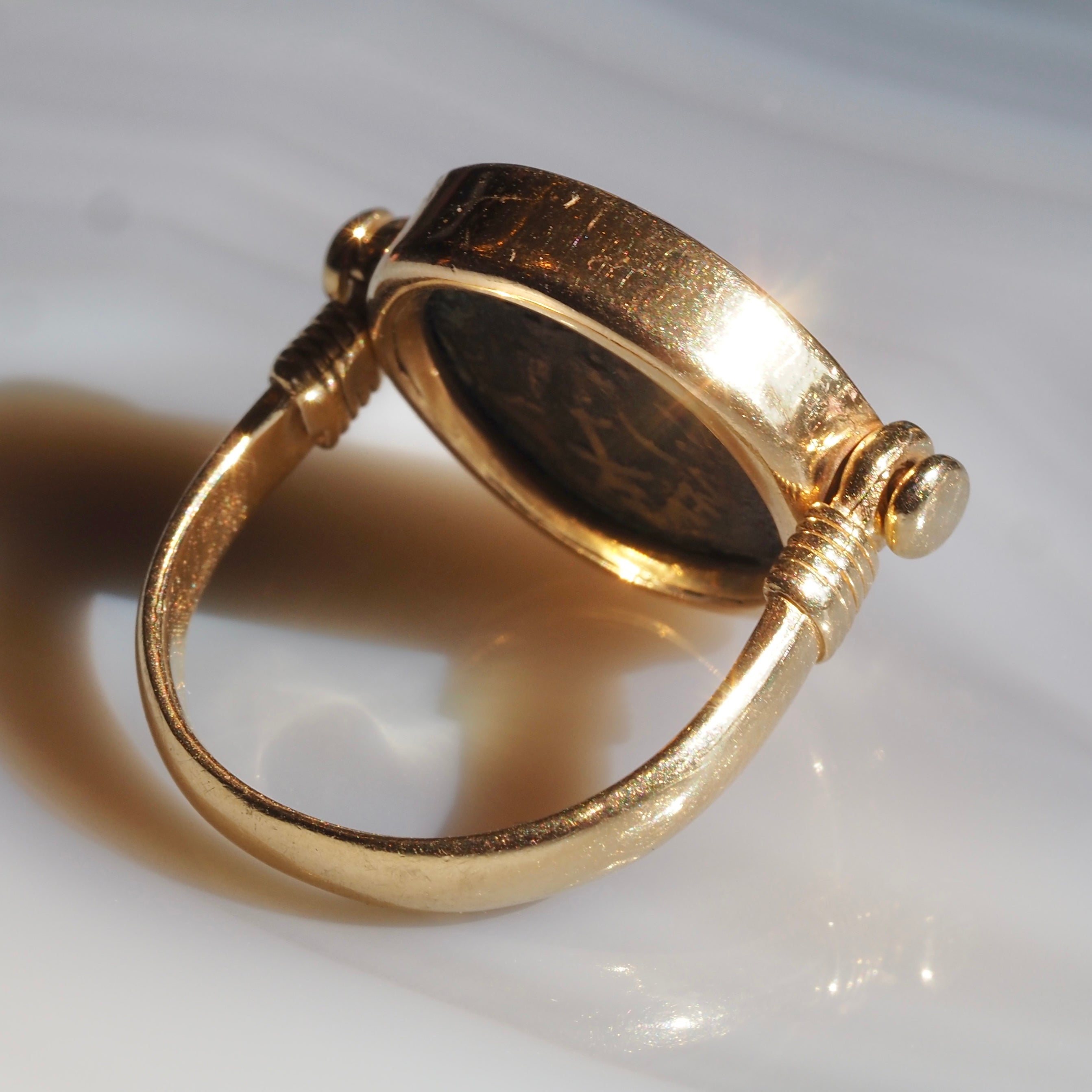 Ancient Roman Widow's Mite Coin Set in Vintage 14k Gold Flip Ring