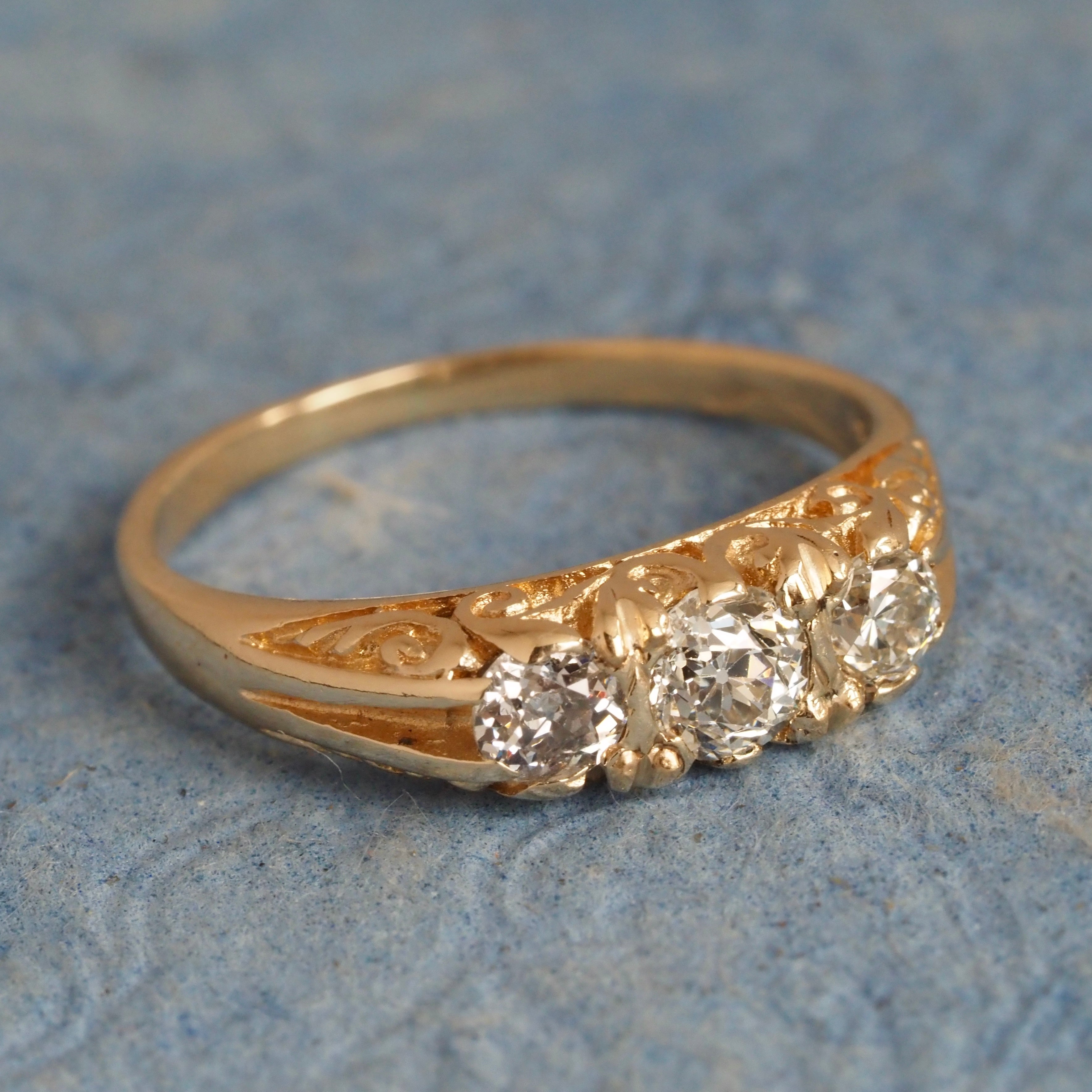 Art Nouveau Style Antique Old Mine Cut Diamond Trilogy 14k Gold Ring