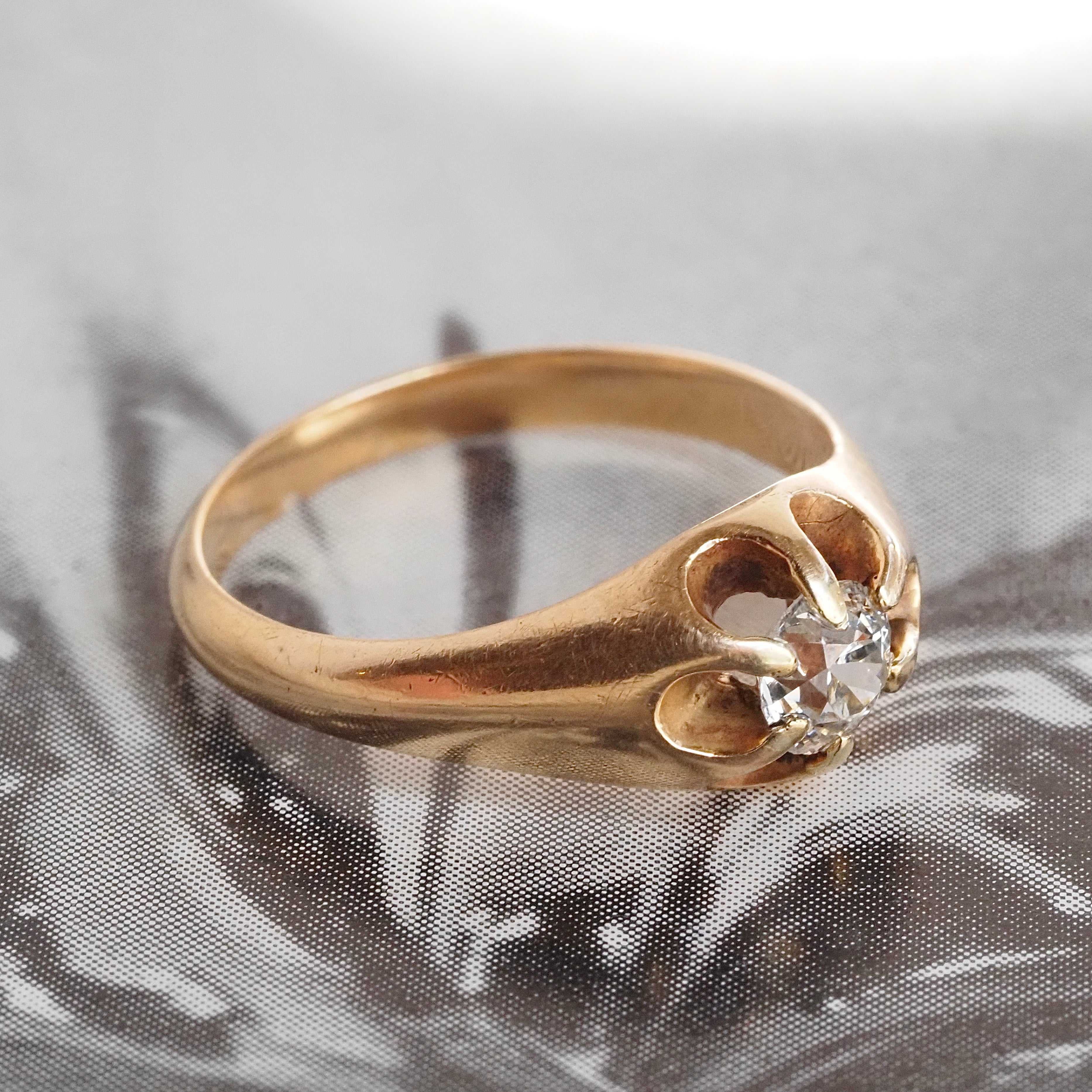 Antique Old Mine Cut Diamond Belcher Set 14k Gold Engagement Ring