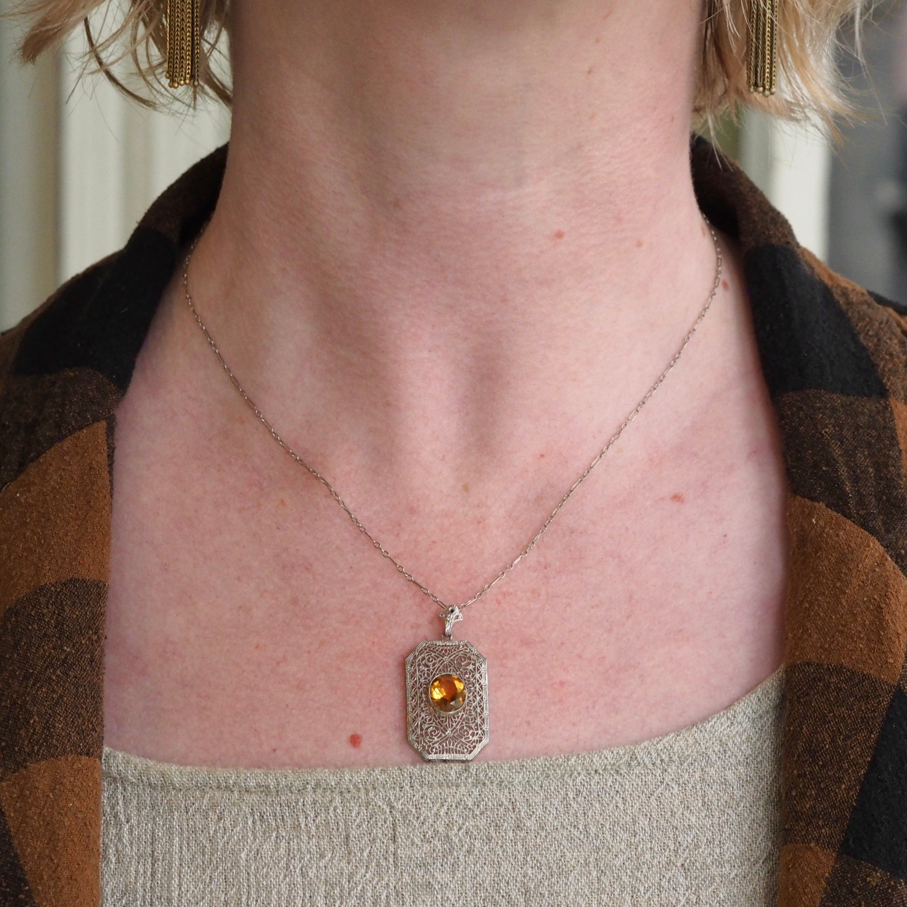 Antique Art Deco White Gold Filigree Citrine Pendant