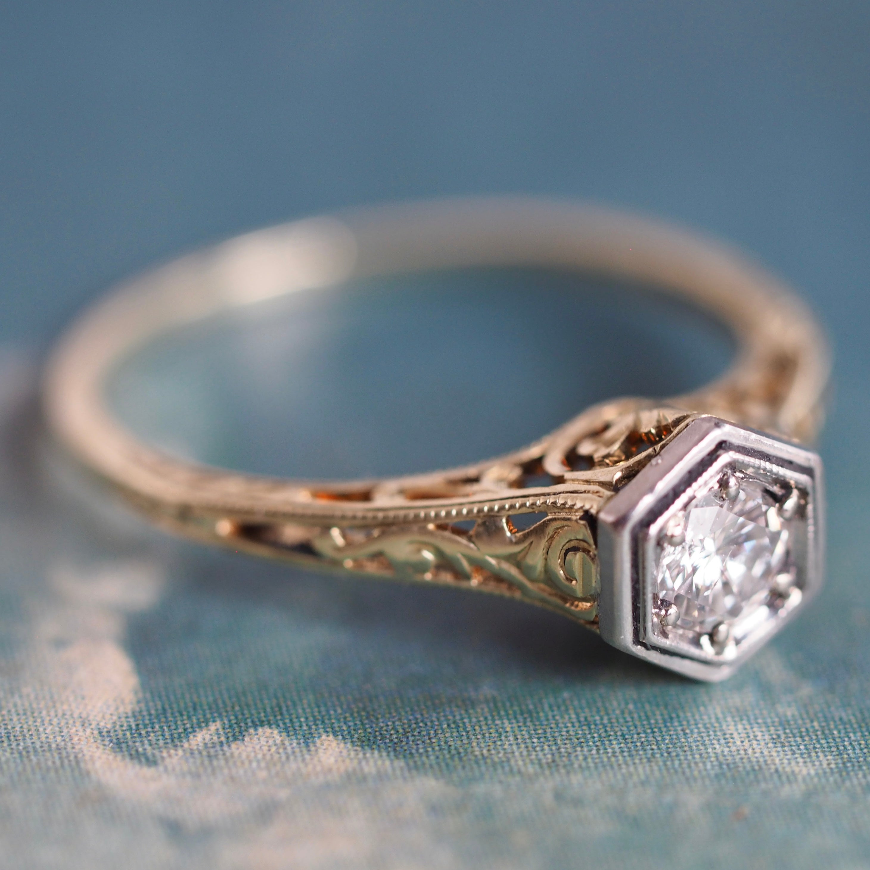 Antique Art Deco 15k Gold and Platinum Hexagon Diamond Ring