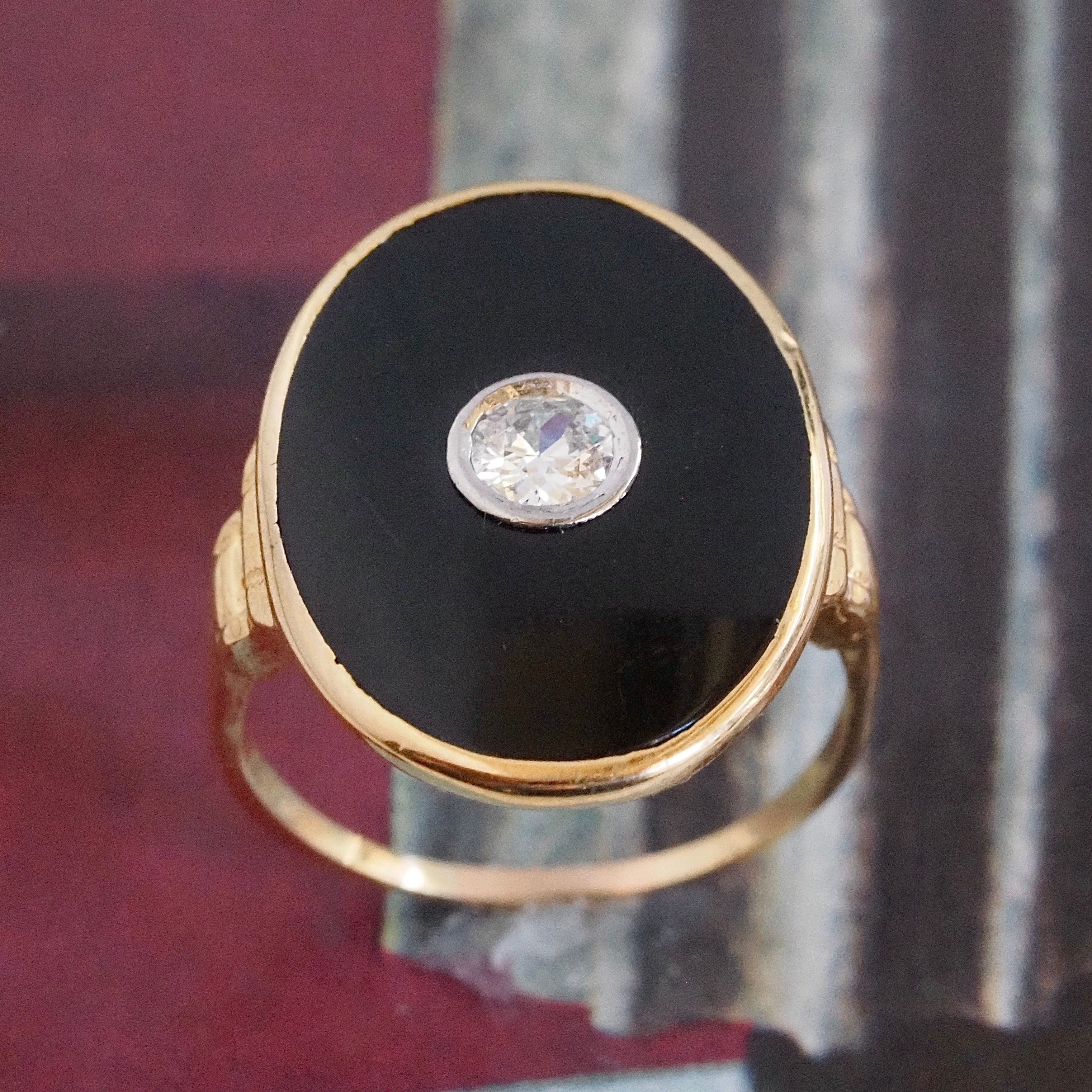 Antique Art Deco Old European Cut Diamond Onyx 14k Gold Ring