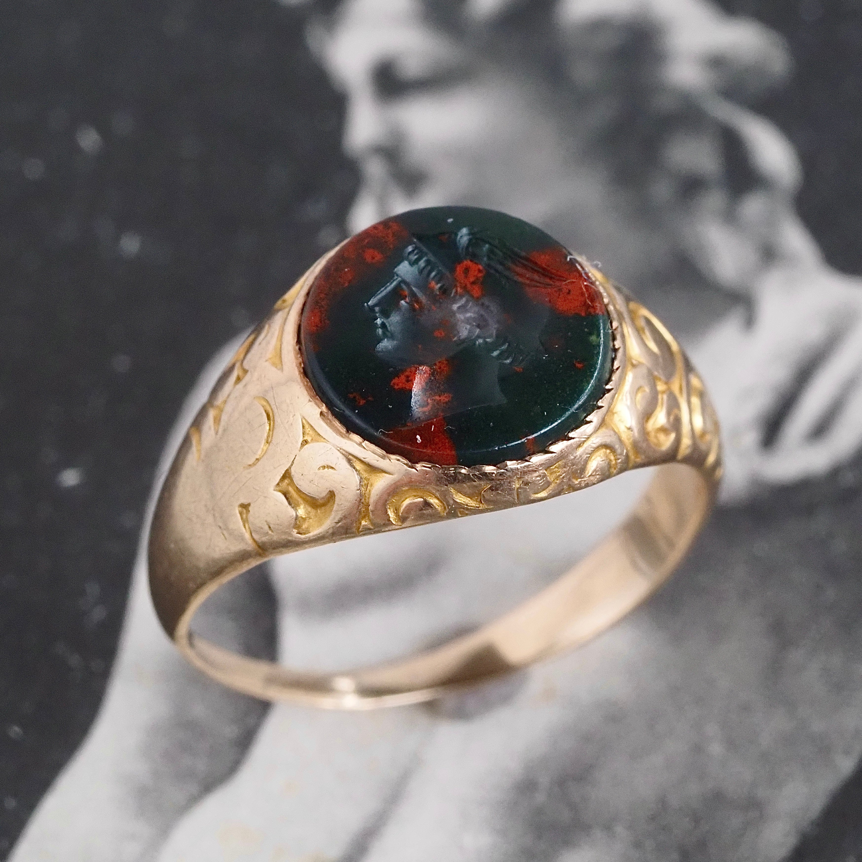 Antique Victorian Hermes/Mercury Intaglio Bloodstone 10k Gold Signet Ring