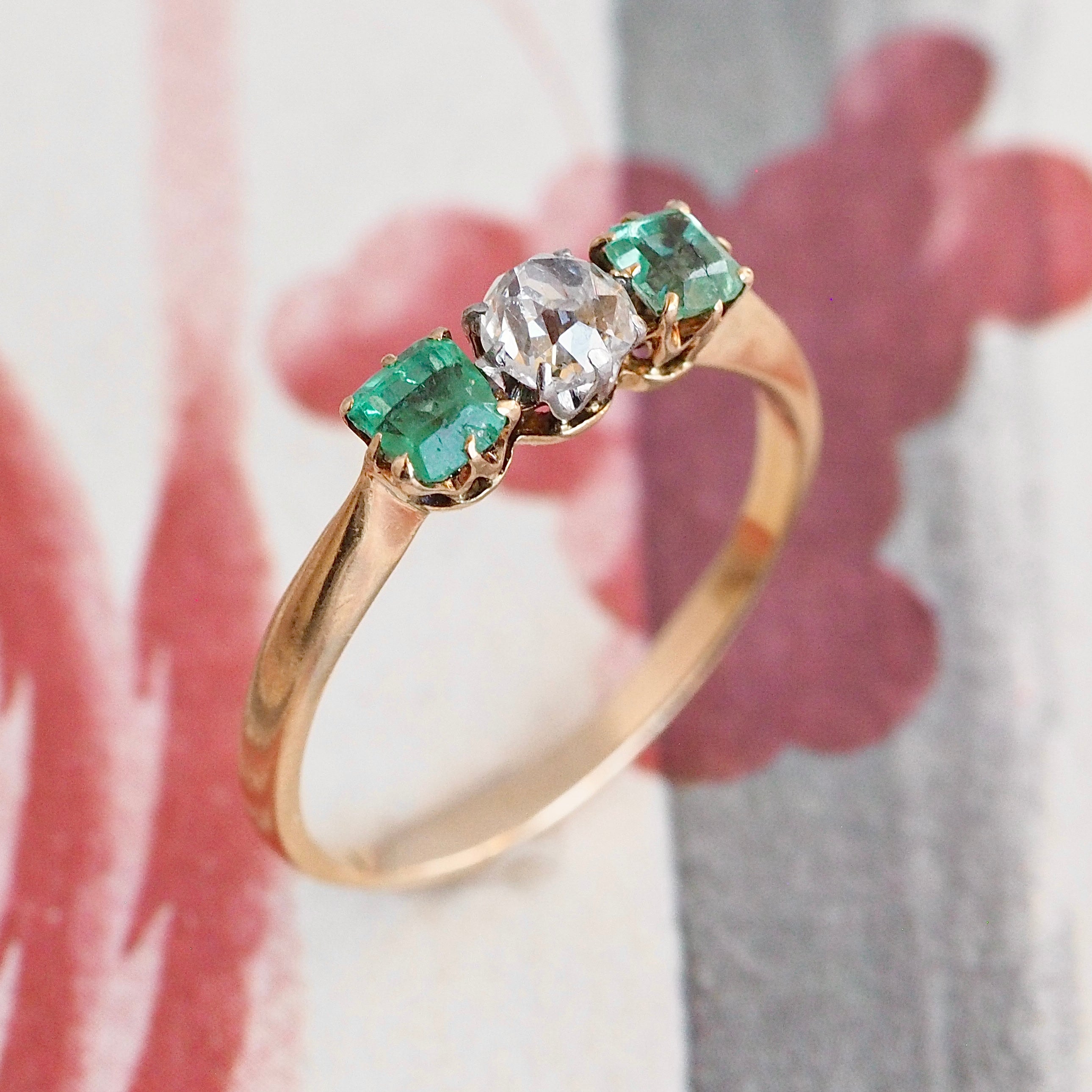 Antique Victorian 14k Gold Emerald and Old Mine Cut Diamond Trilogy Ring