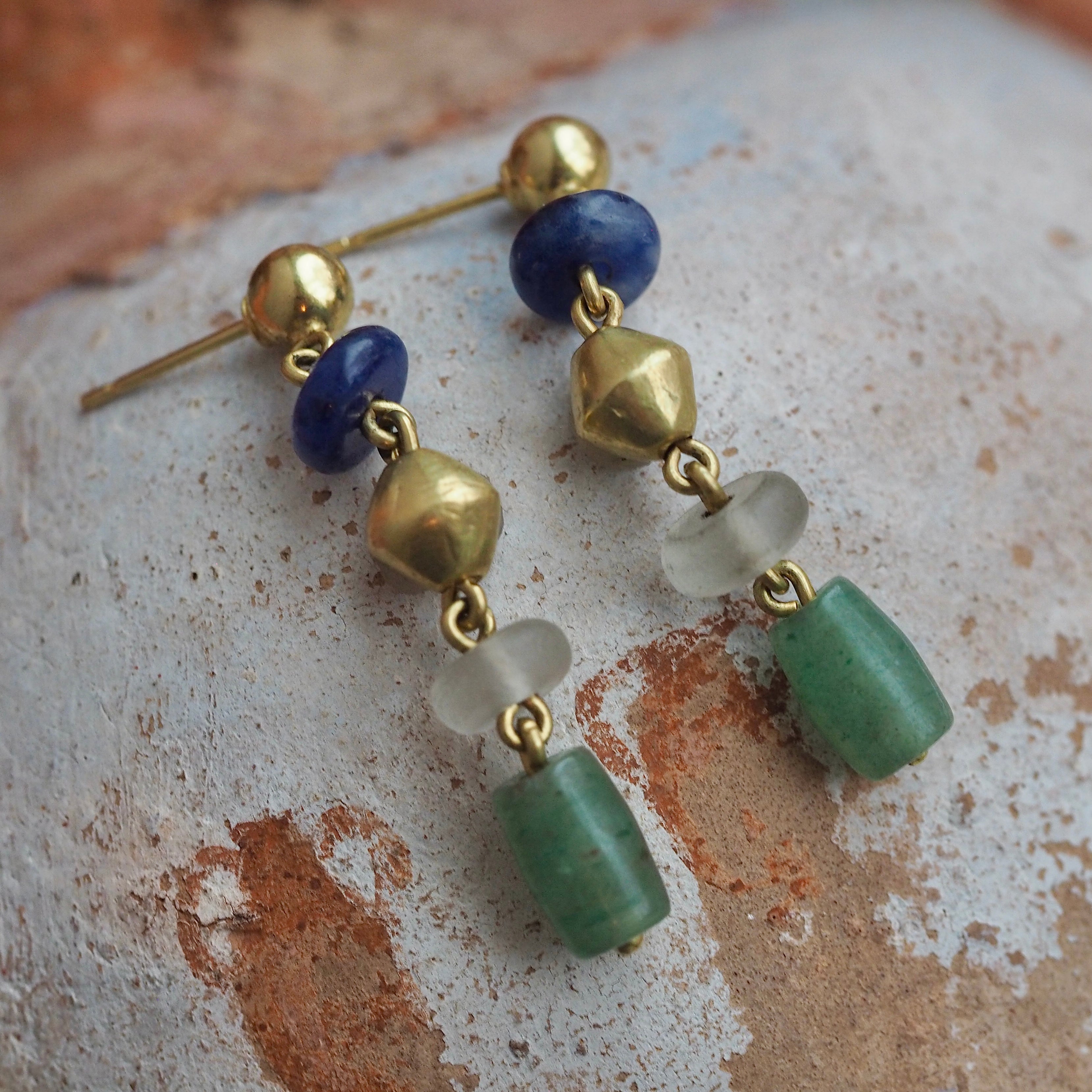 Ancient Inspired Vintage 18k Gold Aventurine Lapis & Glass Earrings