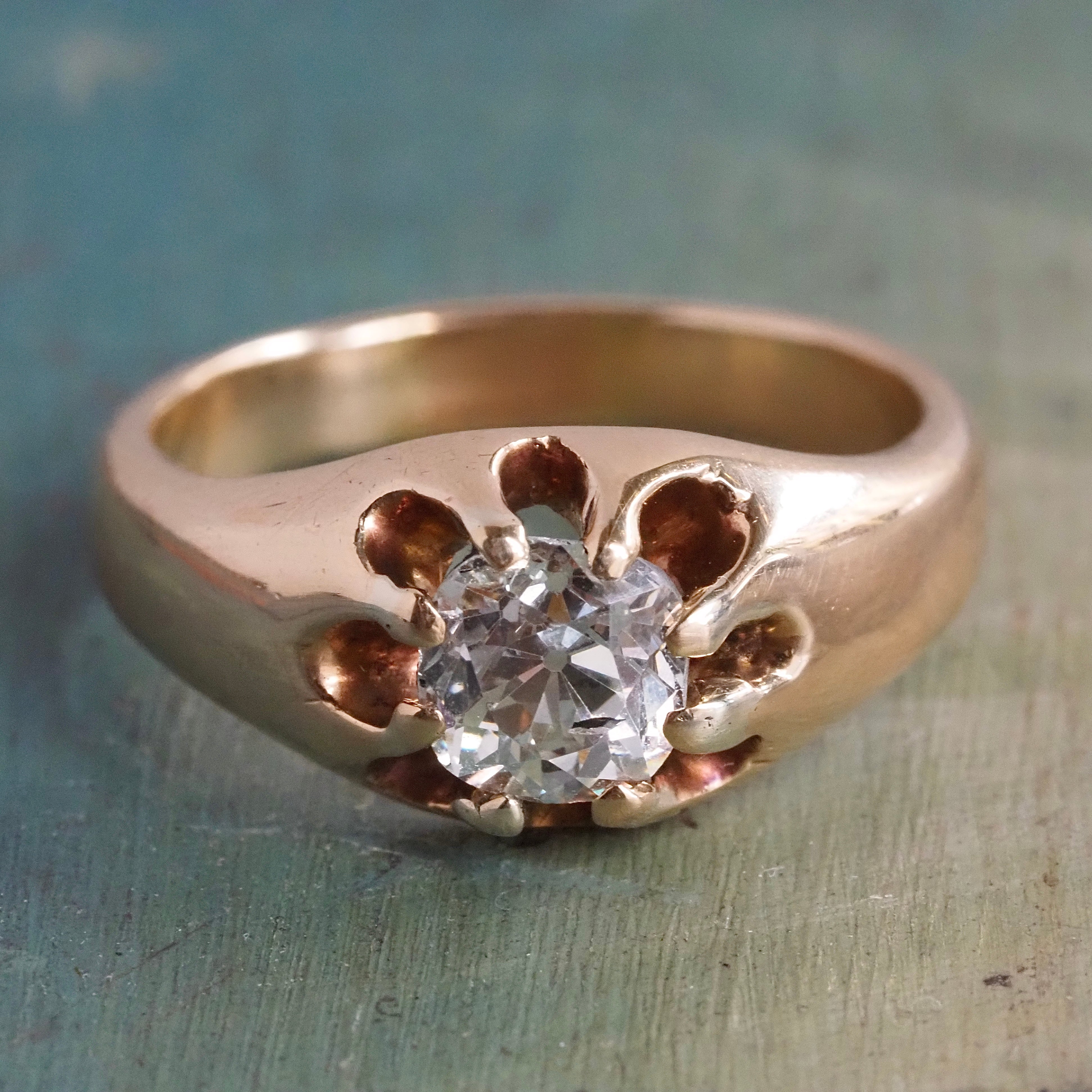 Antique Old Mine Cut Diamond Belcher Set 14k Gold Engagement Ring