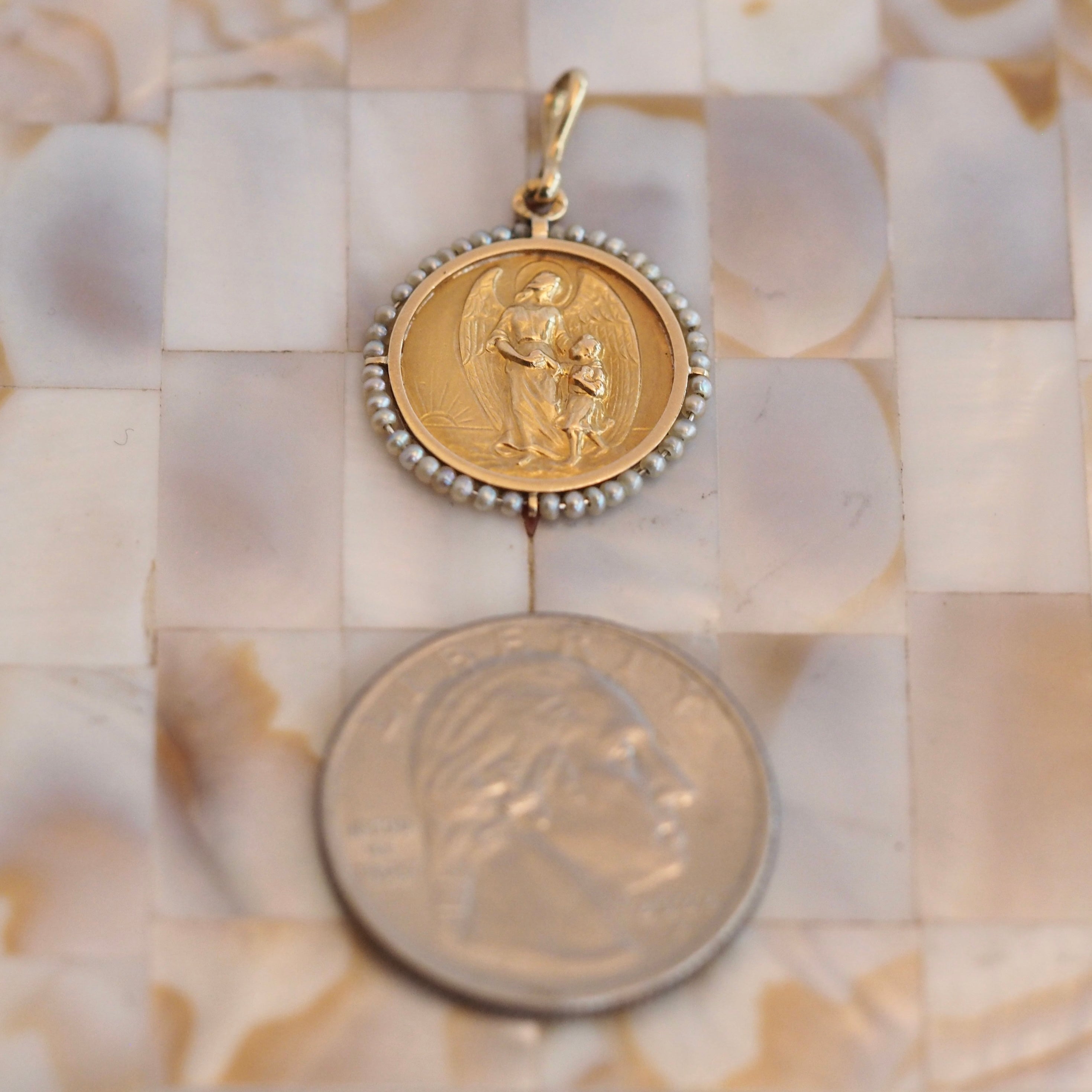 Antique Portuguese 19k Gold and Seed Pearl Guardian Angel Pendant
