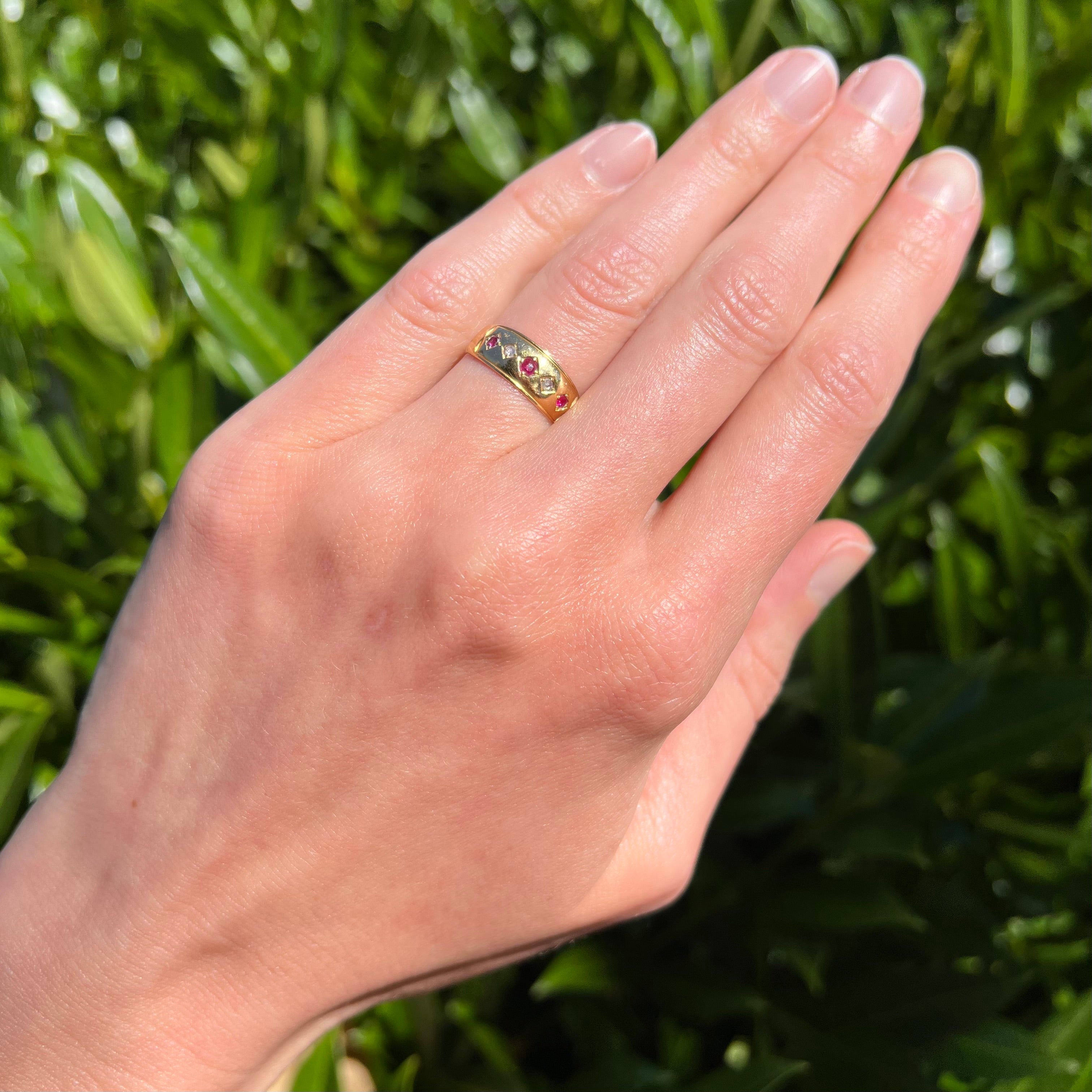 Antique English 18k Gold Natural Ruby and Rose Cut Diamond Flush Set Ring