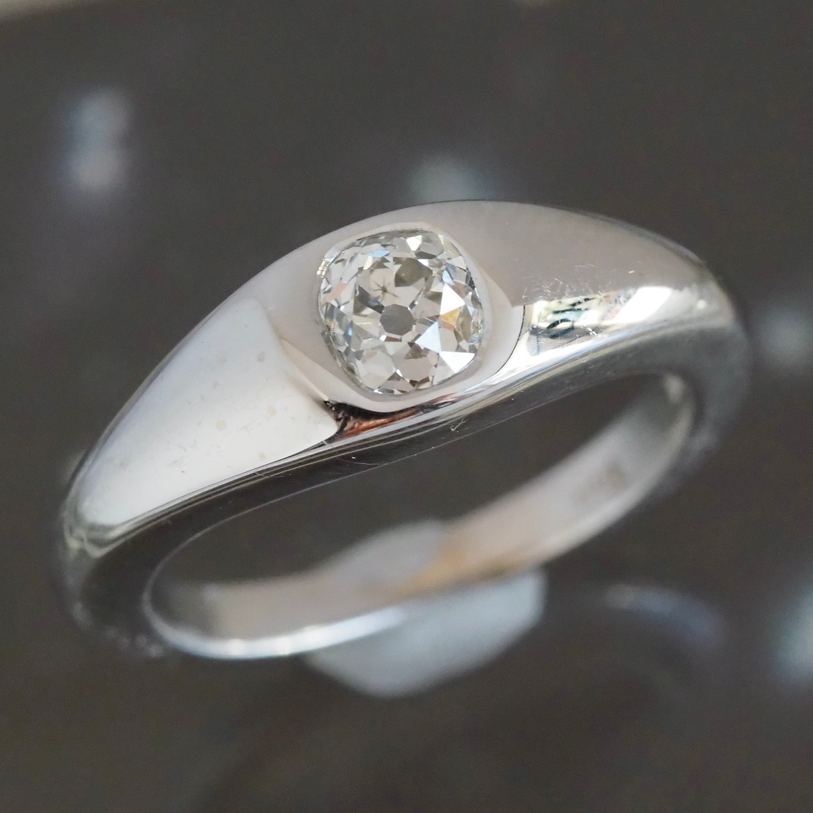 Vintage Old Mine Cushion Cut Diamond Flush Set 18k White Gold Engagement Ring