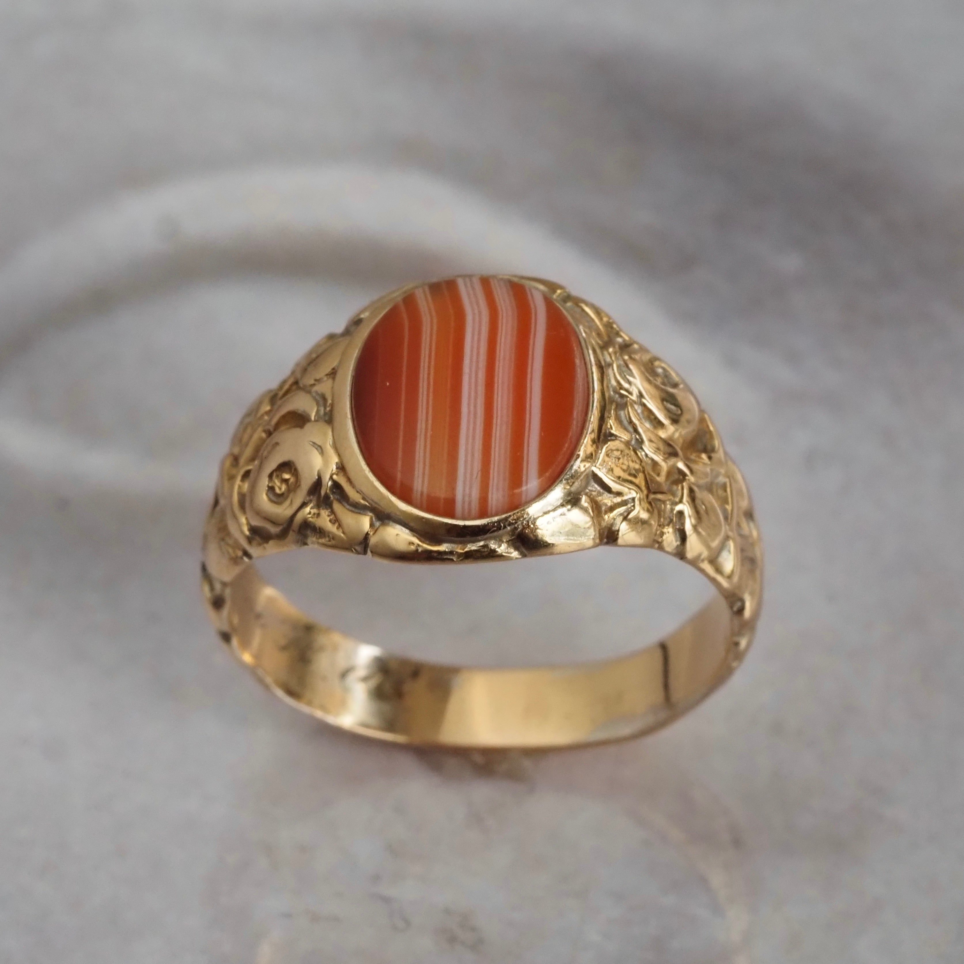 Antique Art Nouveau Banded Agate 14k Gold Roses Signet Ring