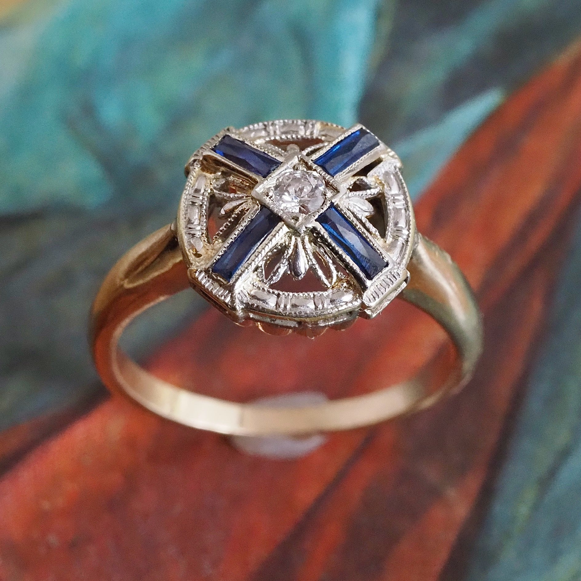 Art Deco Sapphire and Diamond 14k Gold Ring