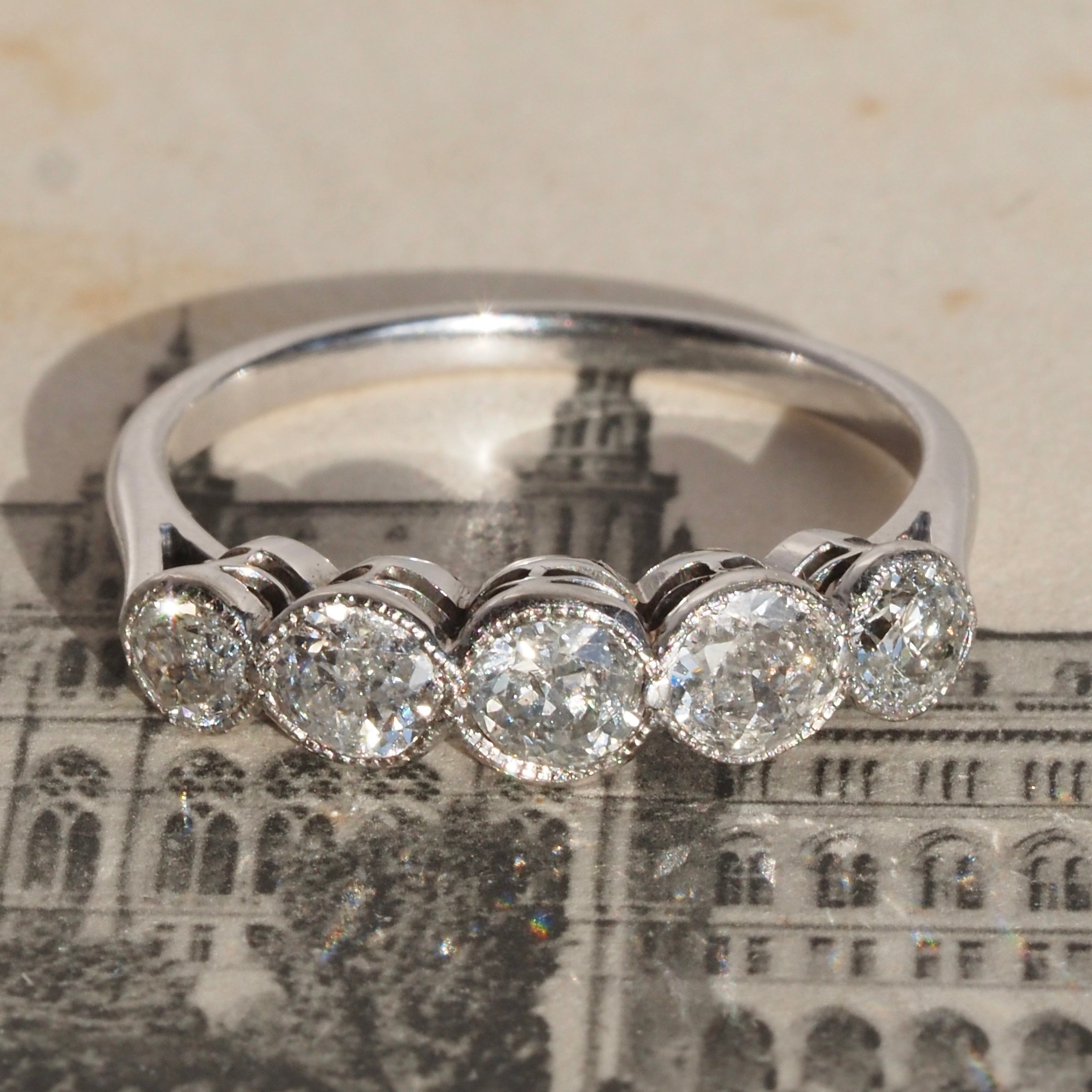 Antique Old European Cut Diamond Five Stone 18k White Gold Ring