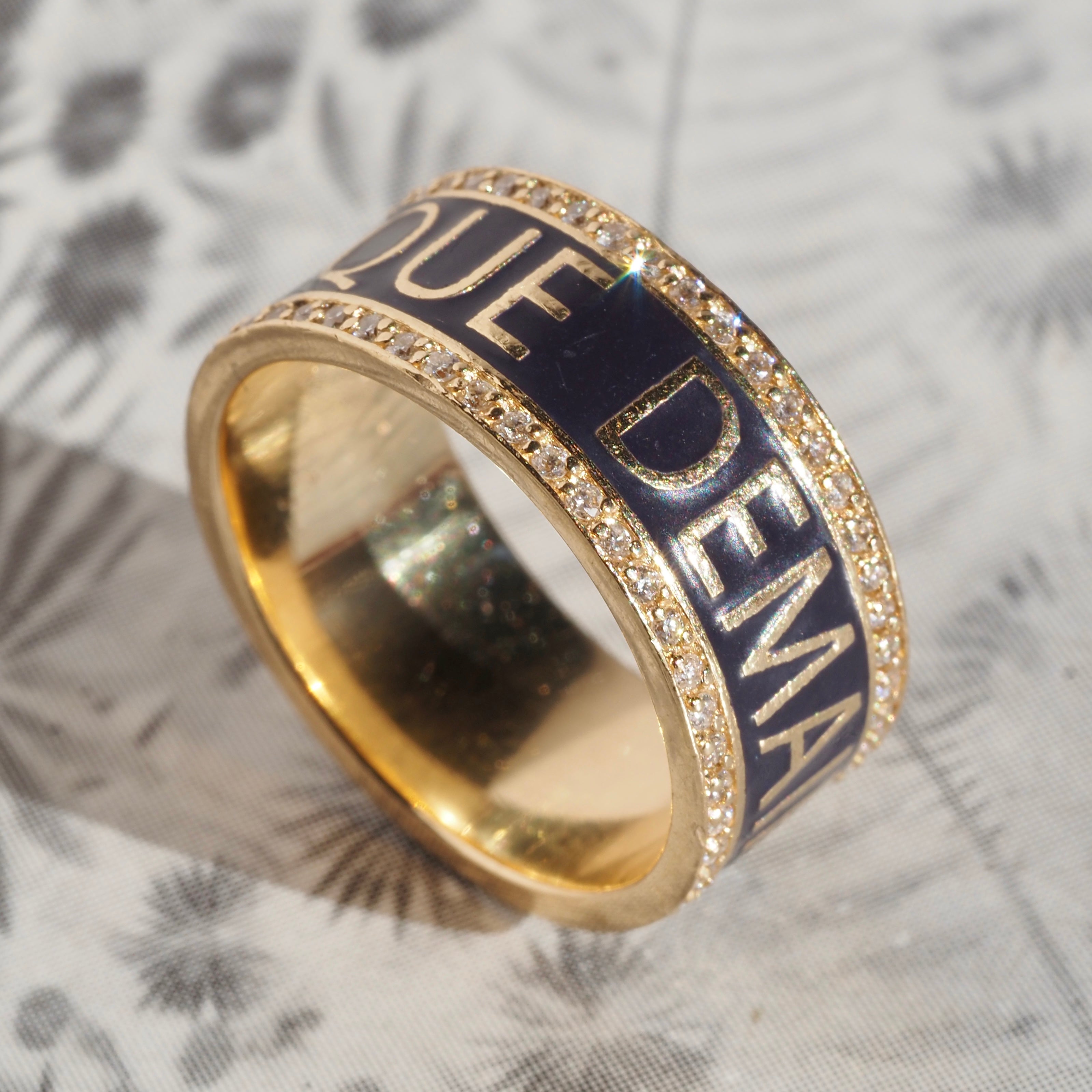 Qu'hier Que Demain "More Than Yesterday, Less Than Tomorrow" Blue Enamel and Diamond 14k Gold Band