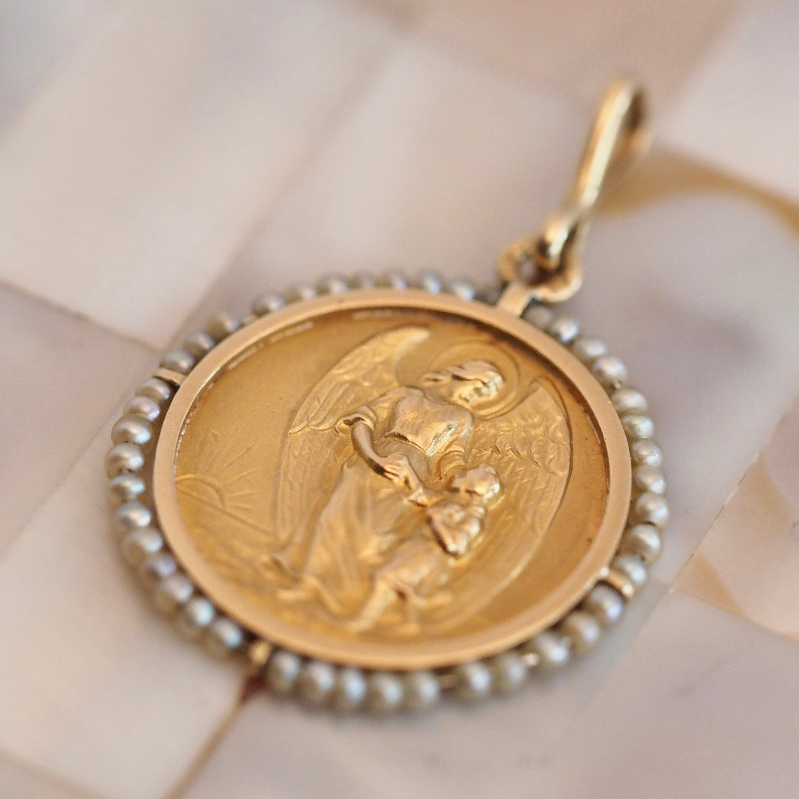 Antique Portuguese 19k Gold and Seed Pearl Guardian Angel Pendant