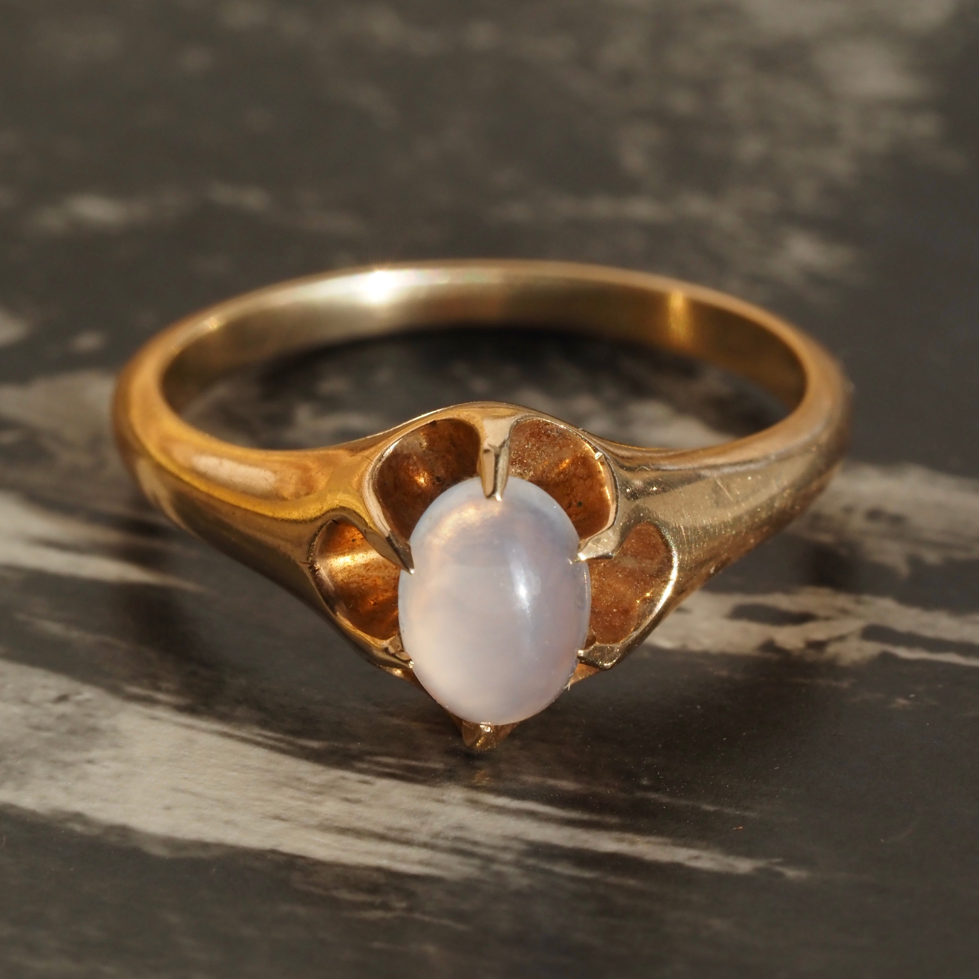 Antique Moonstone Cabochon 14k Gold Belcher Ring