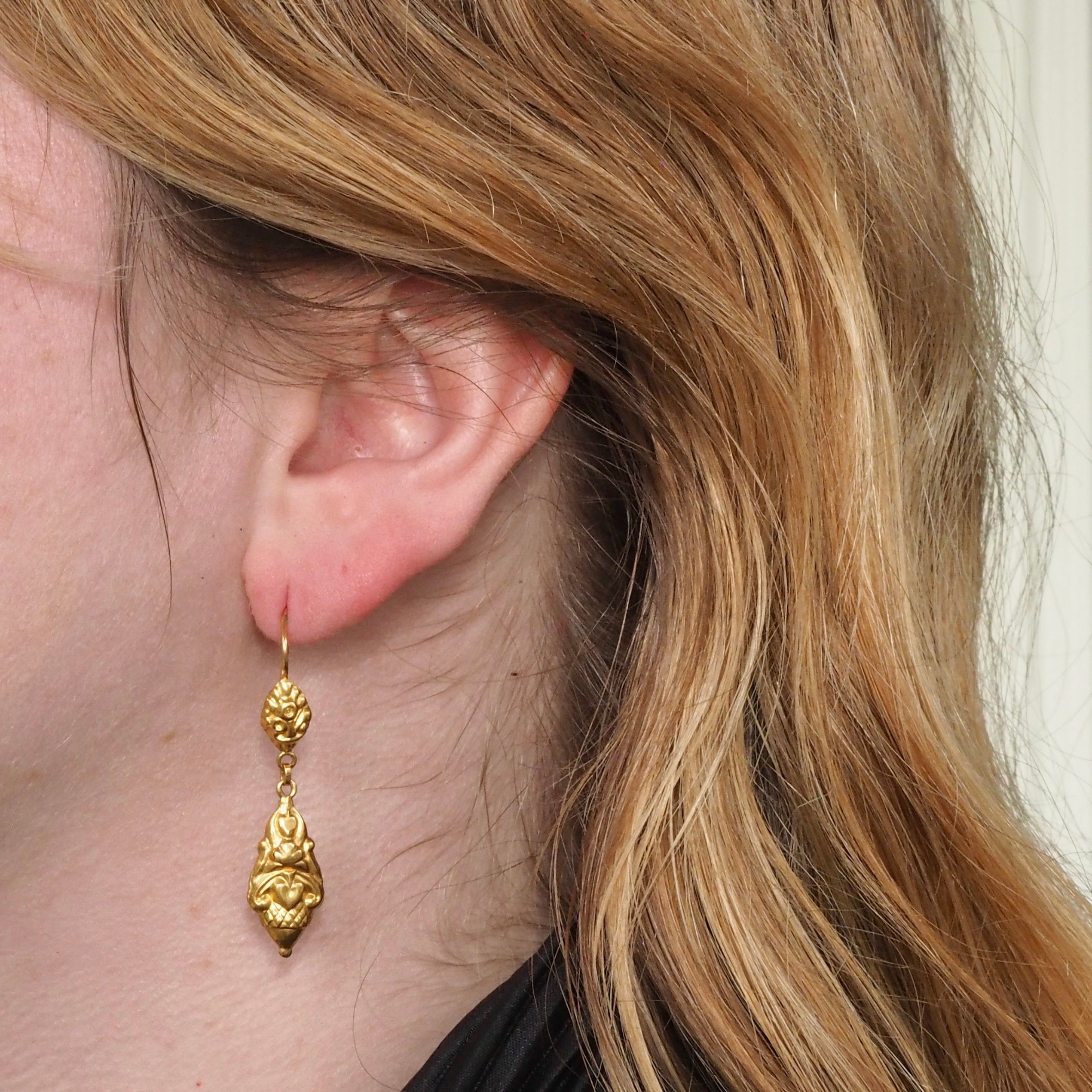 Antique Portuguese 19k Gold Repoussé Drop Earrings