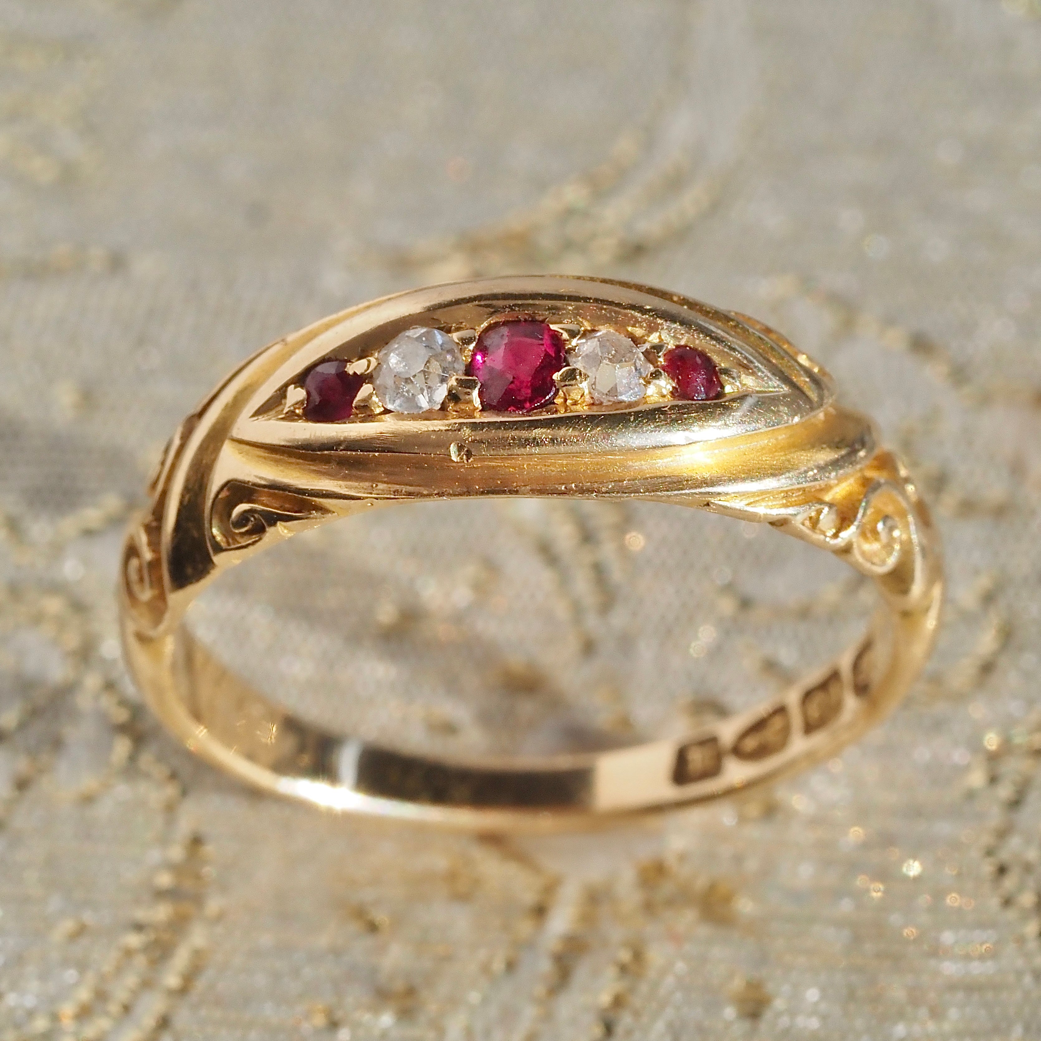 Antique English c. 1895 Old Mine Cut Diamond and Ruby Boat Ring