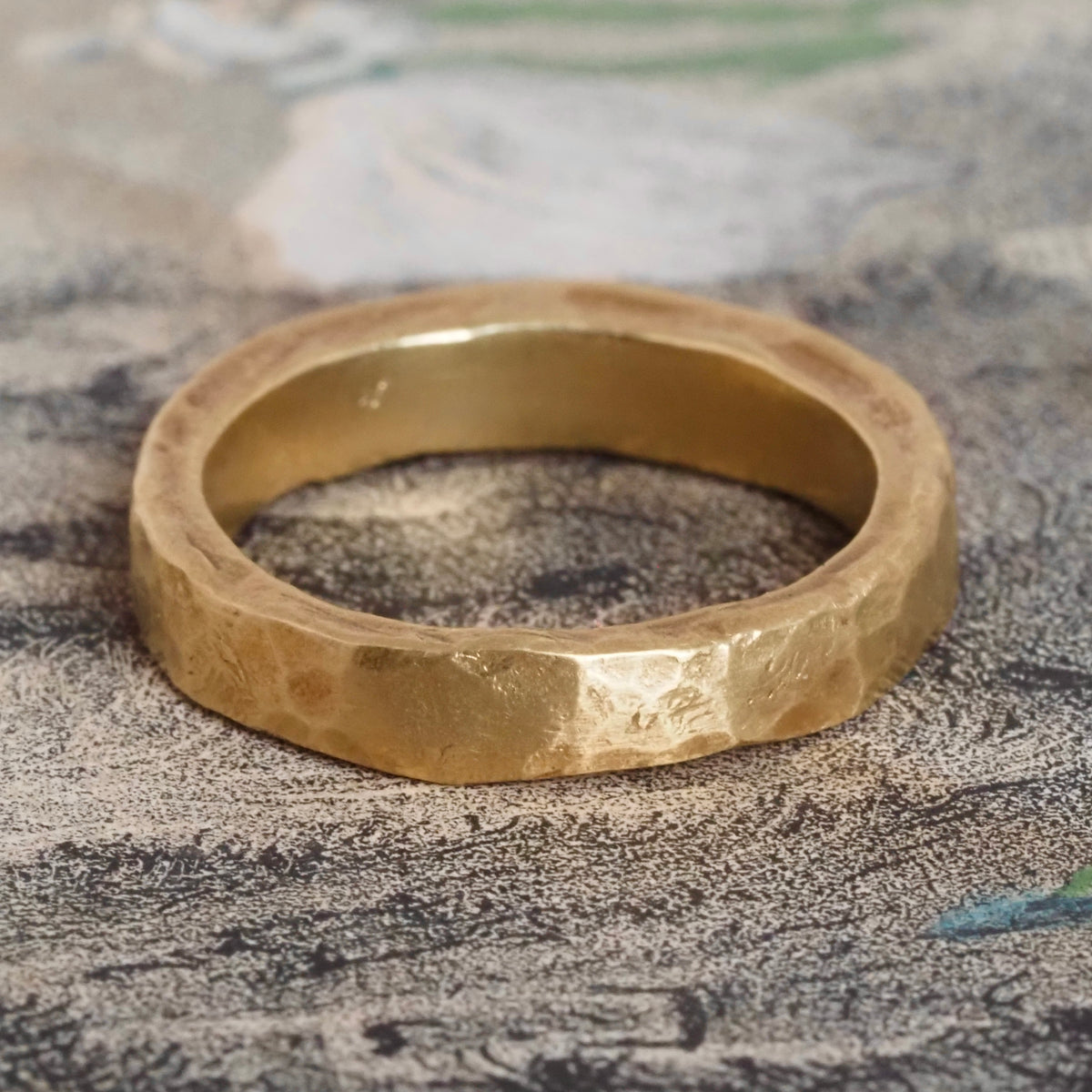 Rose Cut Diamond 18k Gold Hammered Half Eternity Band