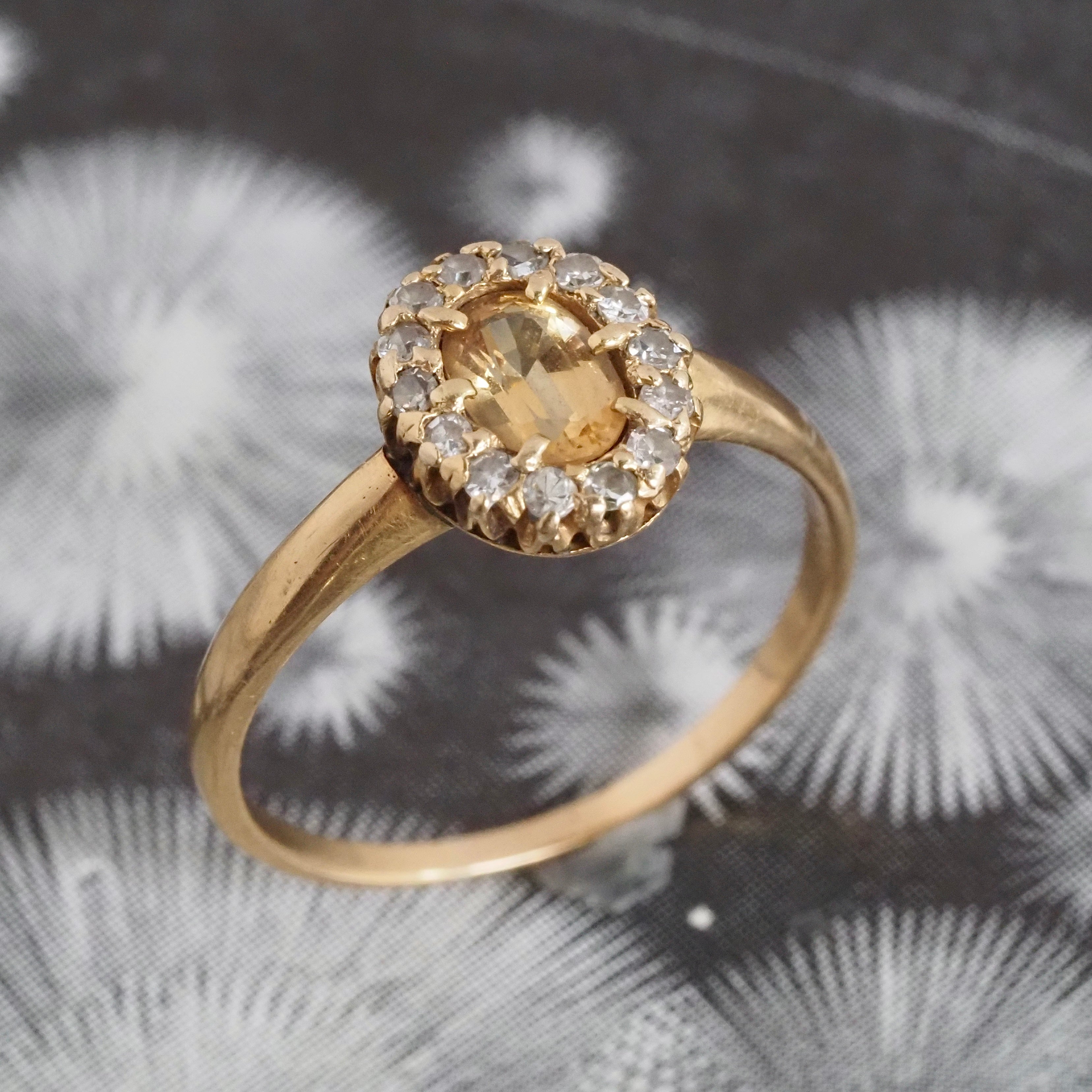 Antique Yellow Topaz and Diamond Halo 18k Gold Ring