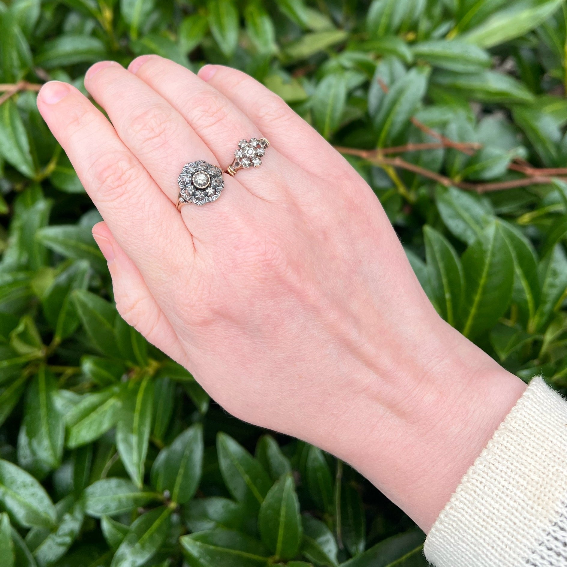 Antique Portuguese Rose Cut Diamond Cluster 19k Gold & Silver Ring