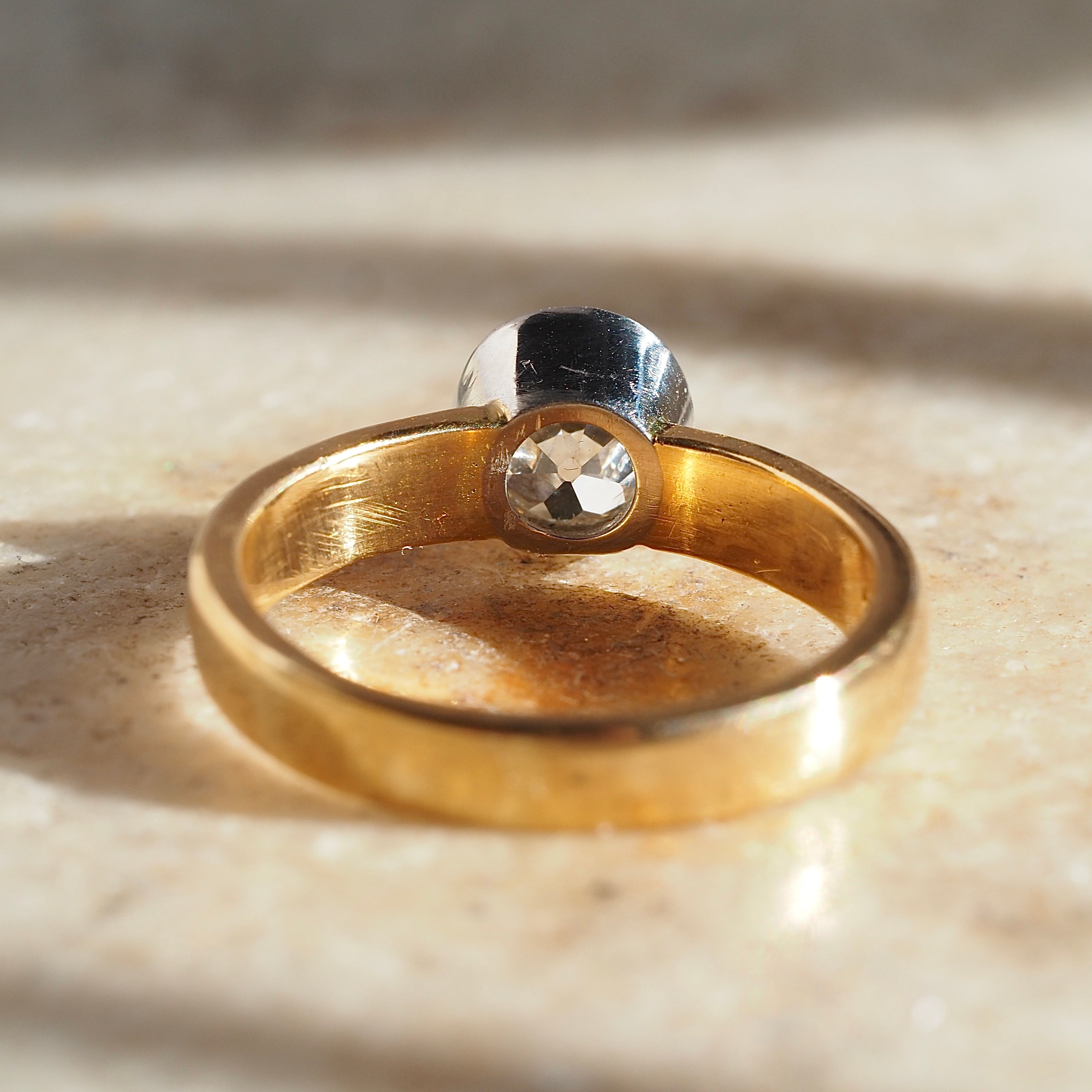 Vintage English 22k Gold Platinum Bezel Set 1.10ct Old Mine Cut Diamond Engagement Ring