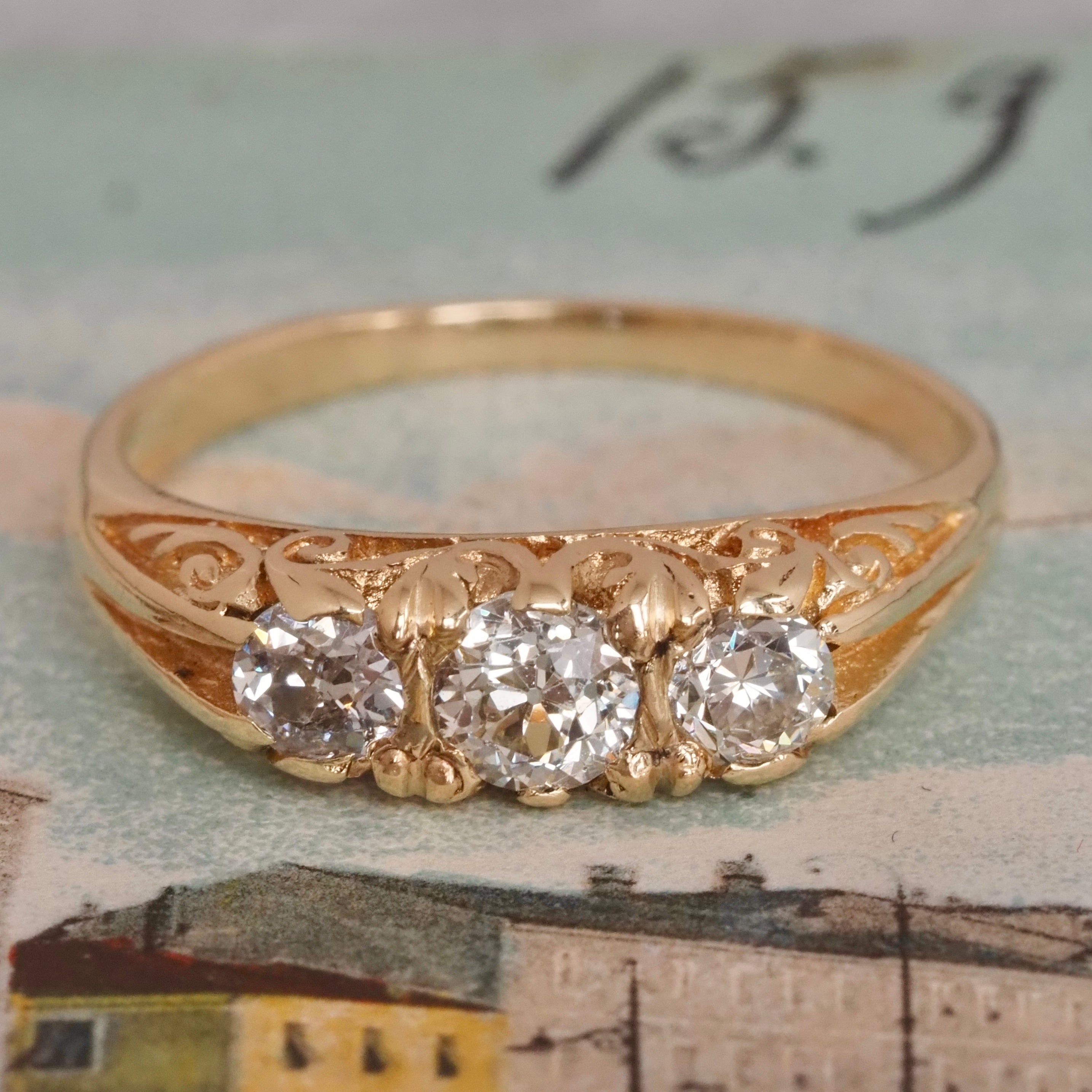 Art Nouveau Style Antique Old Mine Cut Diamond Trilogy 14k Gold Ring