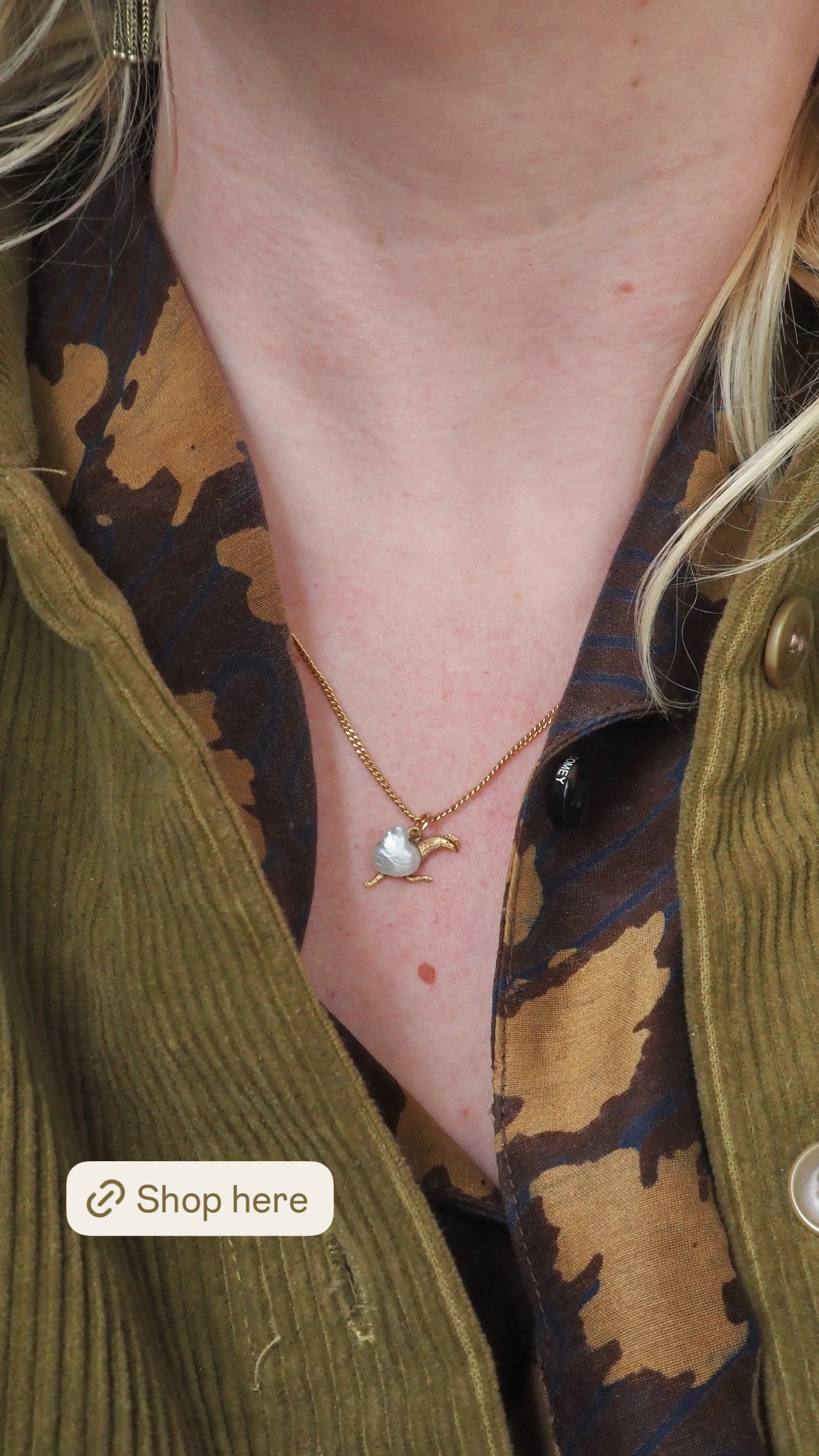 Antique Running Chicken River Pearl 14k Gold Charm
