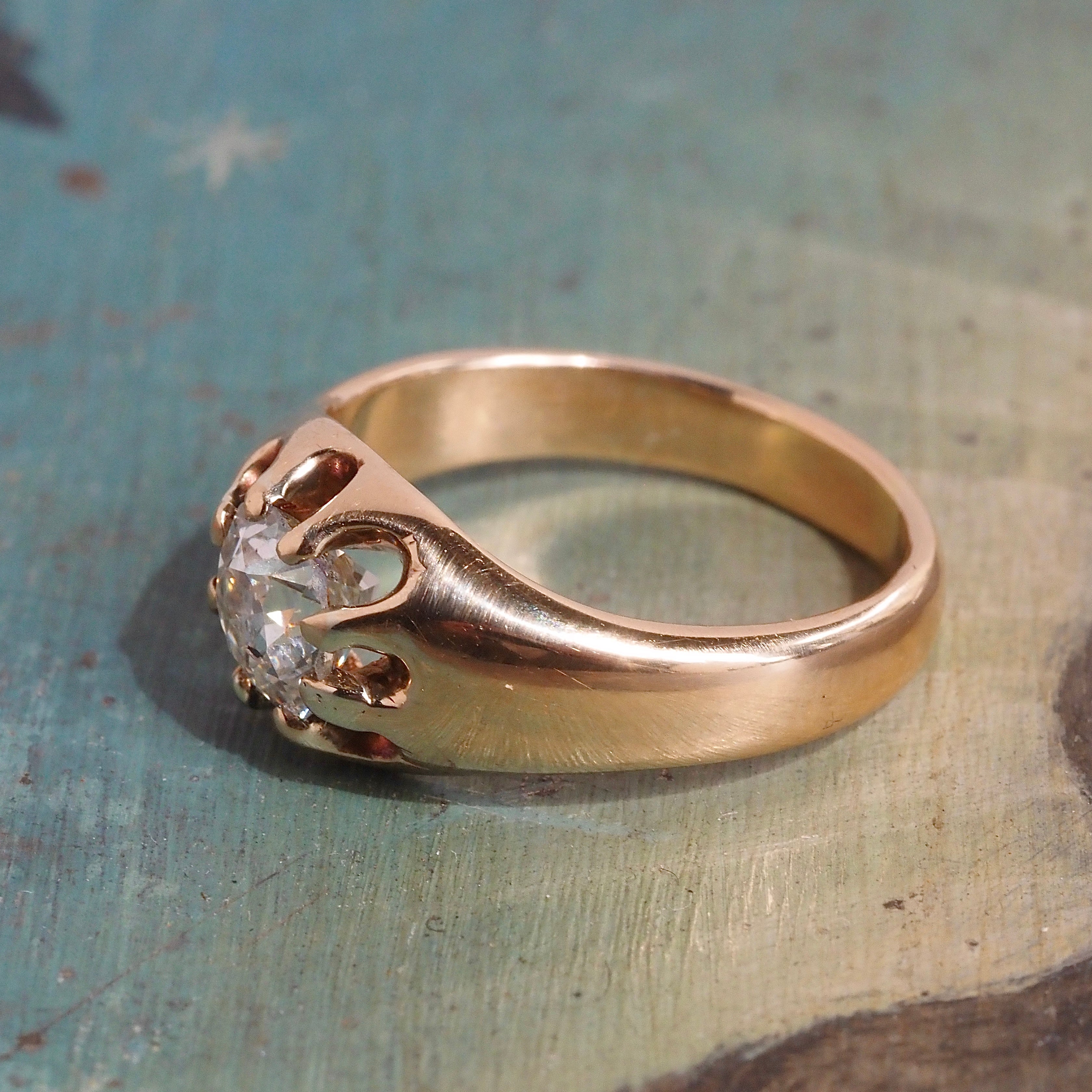 Antique Old Mine Cut Diamond Belcher Set 14k Gold Engagement Ring