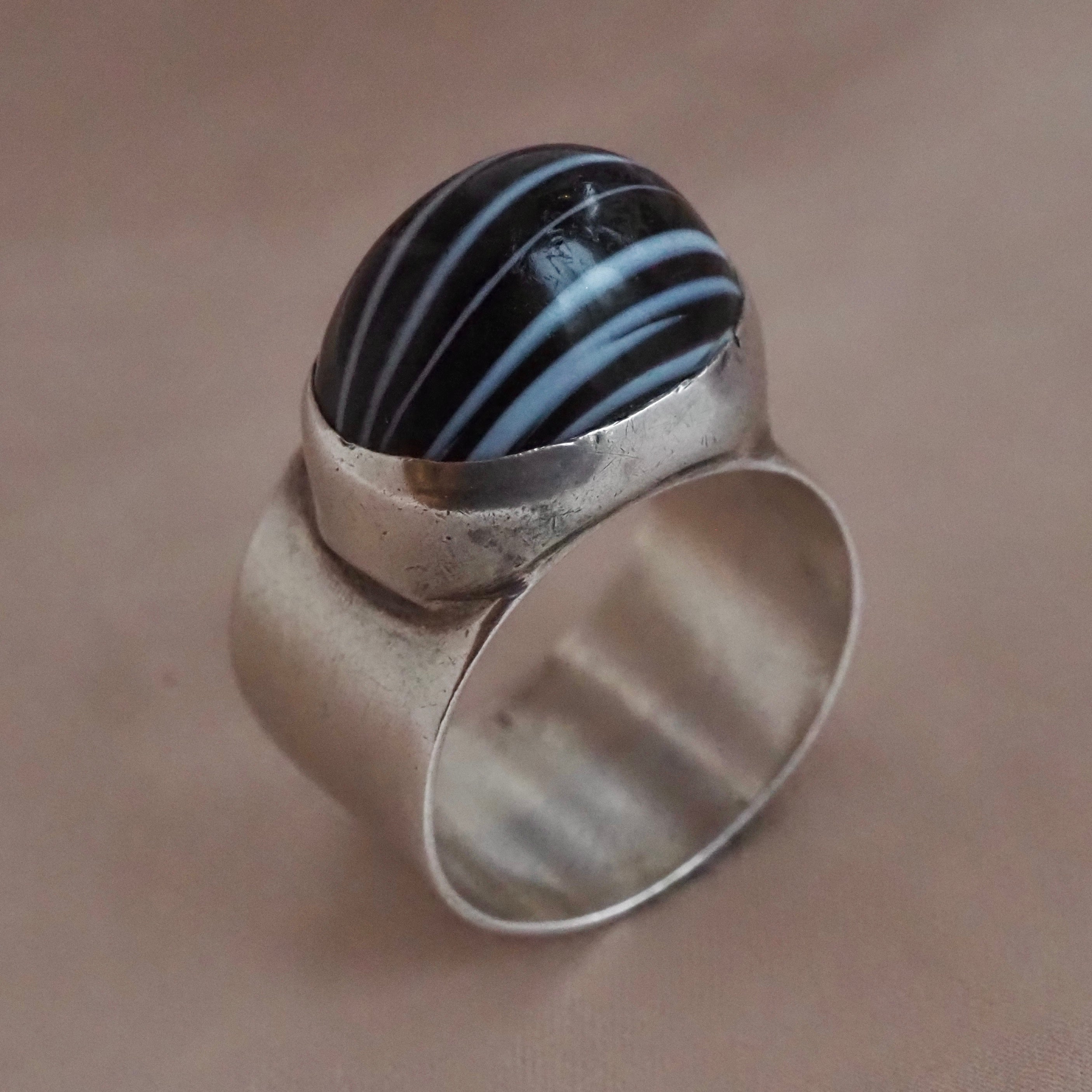 Vintage Sterling Silver Banded Agate Wide Band