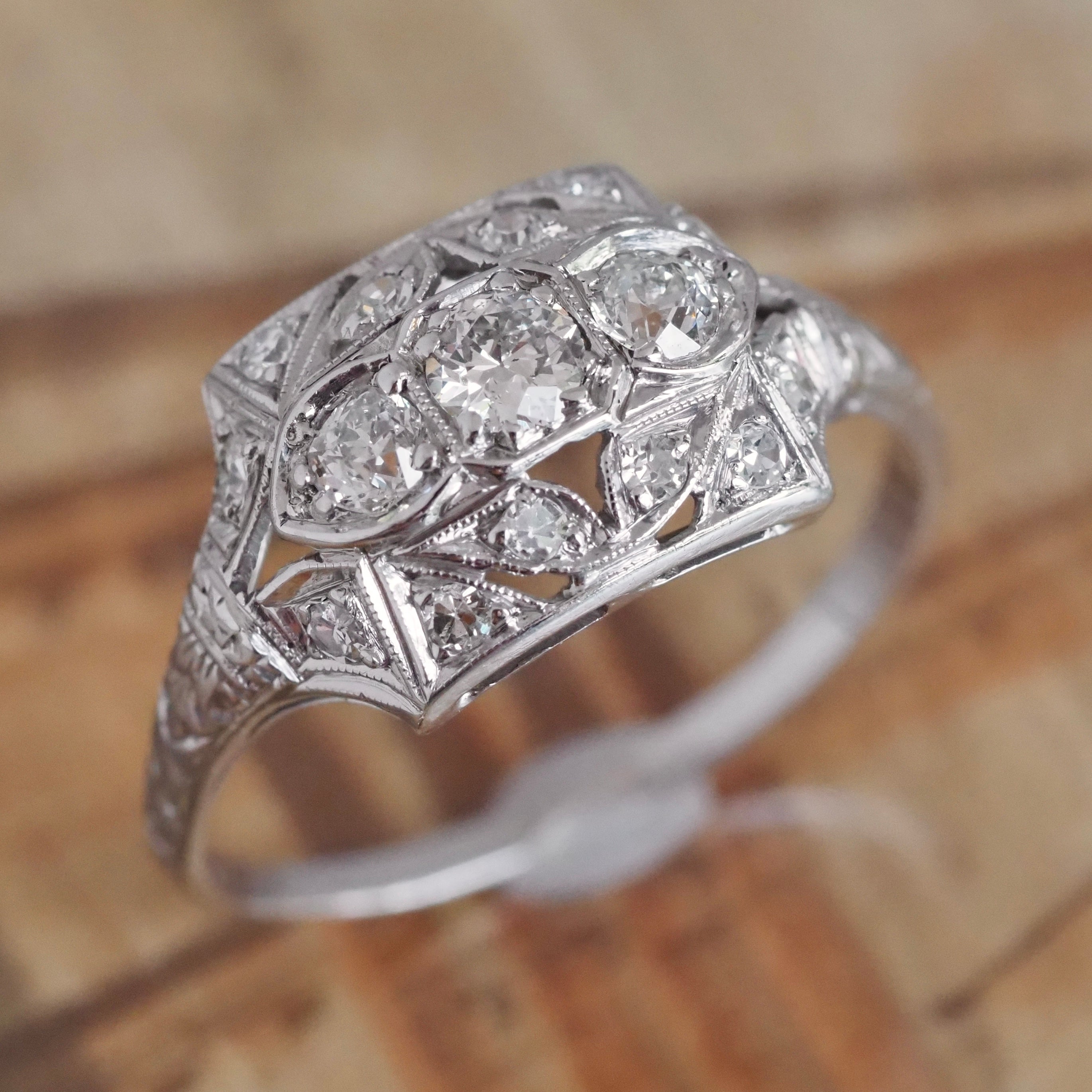 Antique Art Deco 18k White Gold Old Mine Cut Trilogy Ring