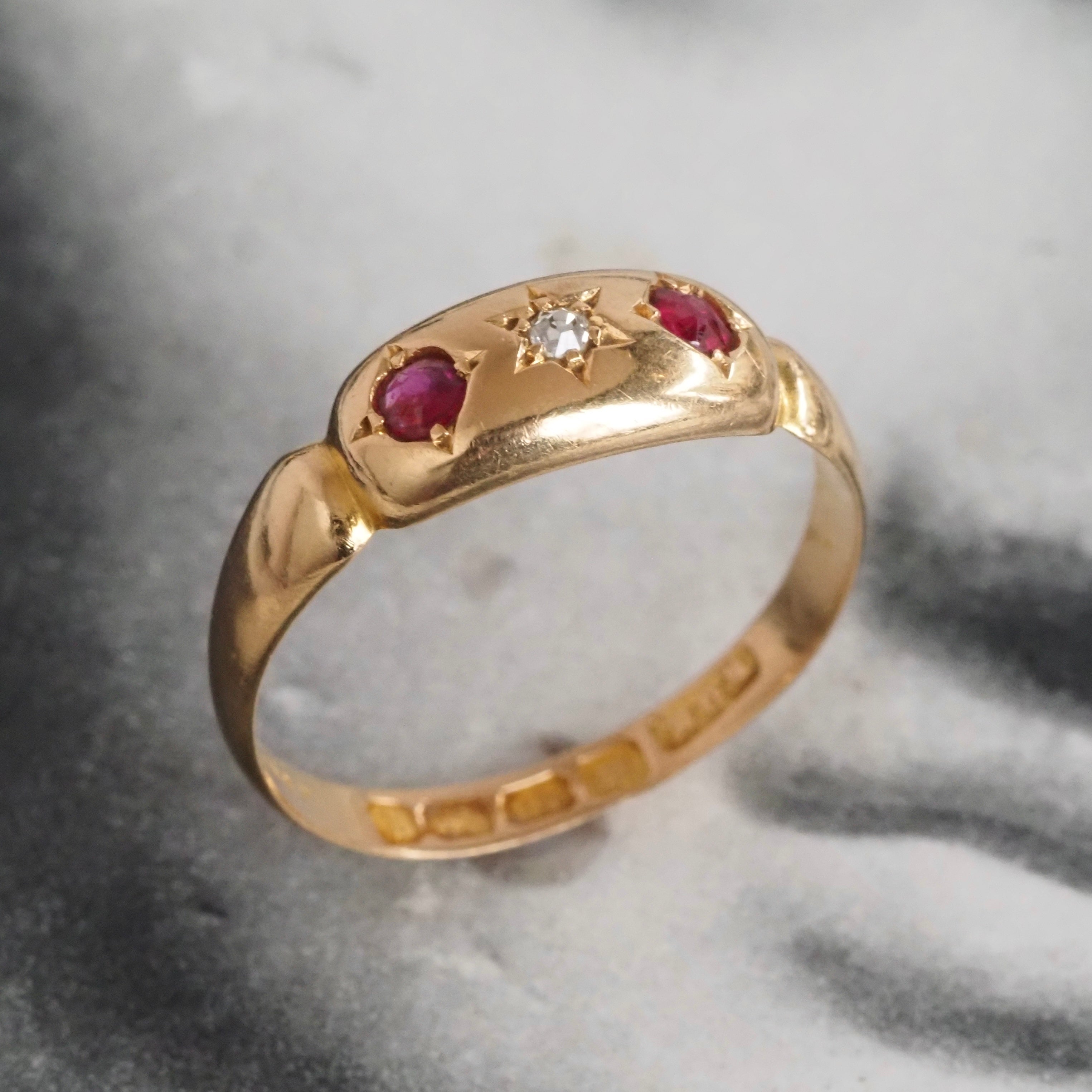 Antique Victorian English c. 1893 Ruby and Old Mine Cut Diamond Starburst 18k Gold Ring