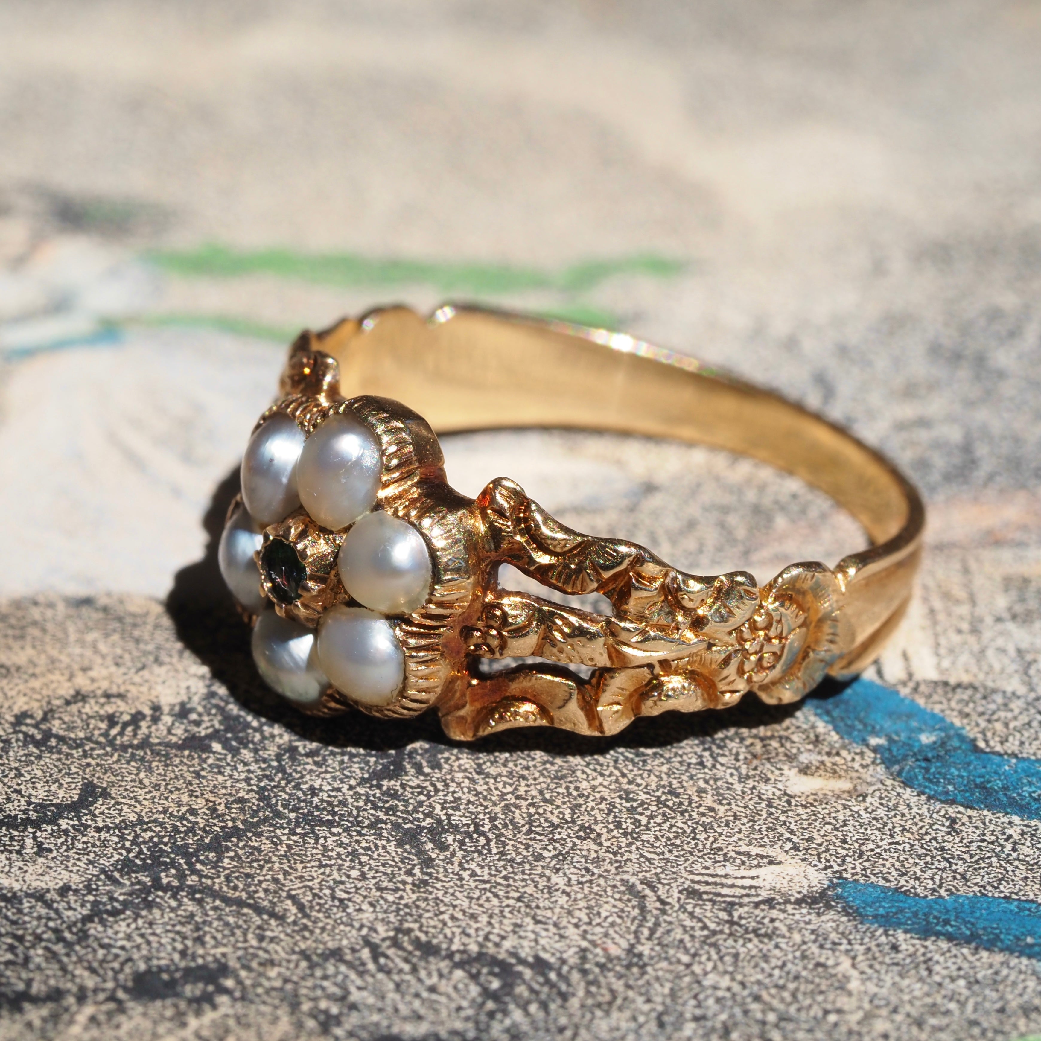 Antique Georgian Seed Pearl and Green Paste Flower Engraved Mourning Ring