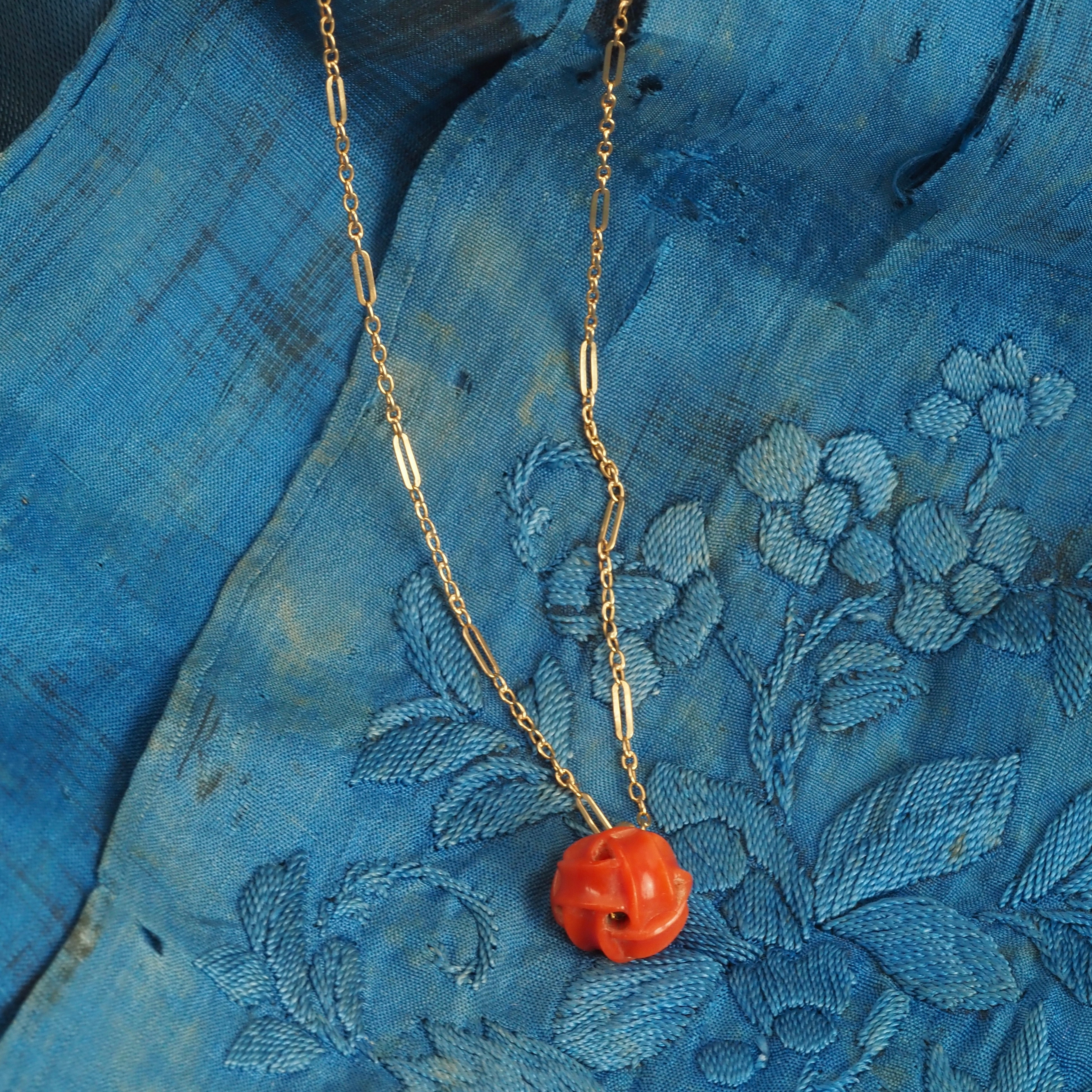 Antique Portuguese Carved Woven Coral Ball 19k Gold Necklace
