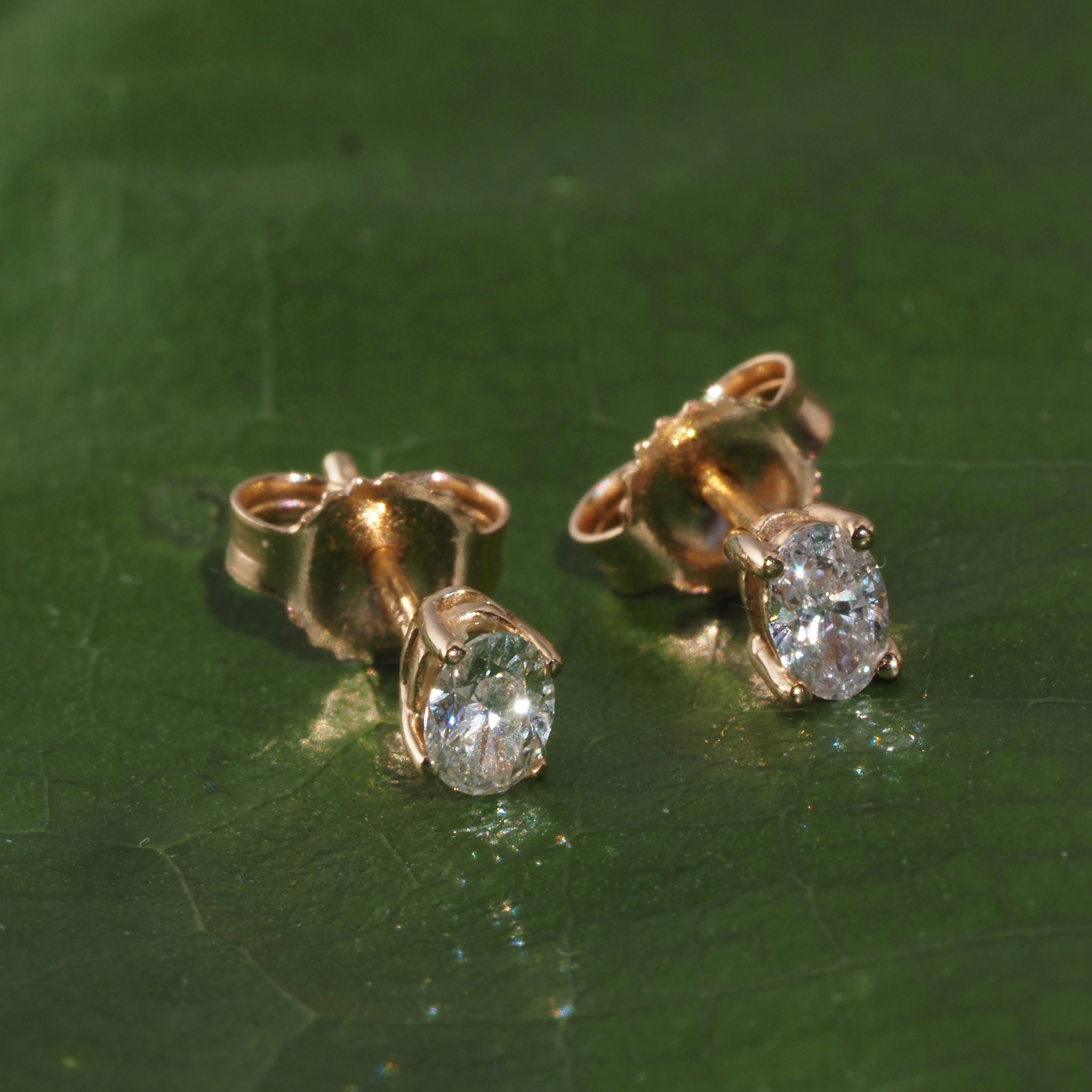 Vintage 14k Gold Oval Diamond Stud Earrings