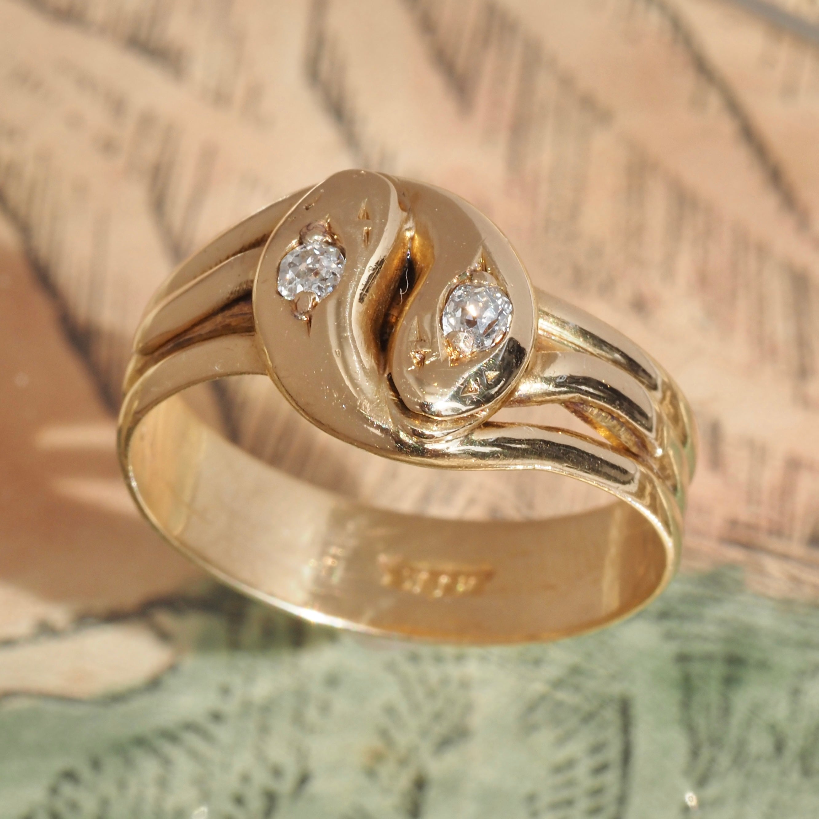 Antique English Double Snake Old Mine Cut Diamond 18k Gold Ring