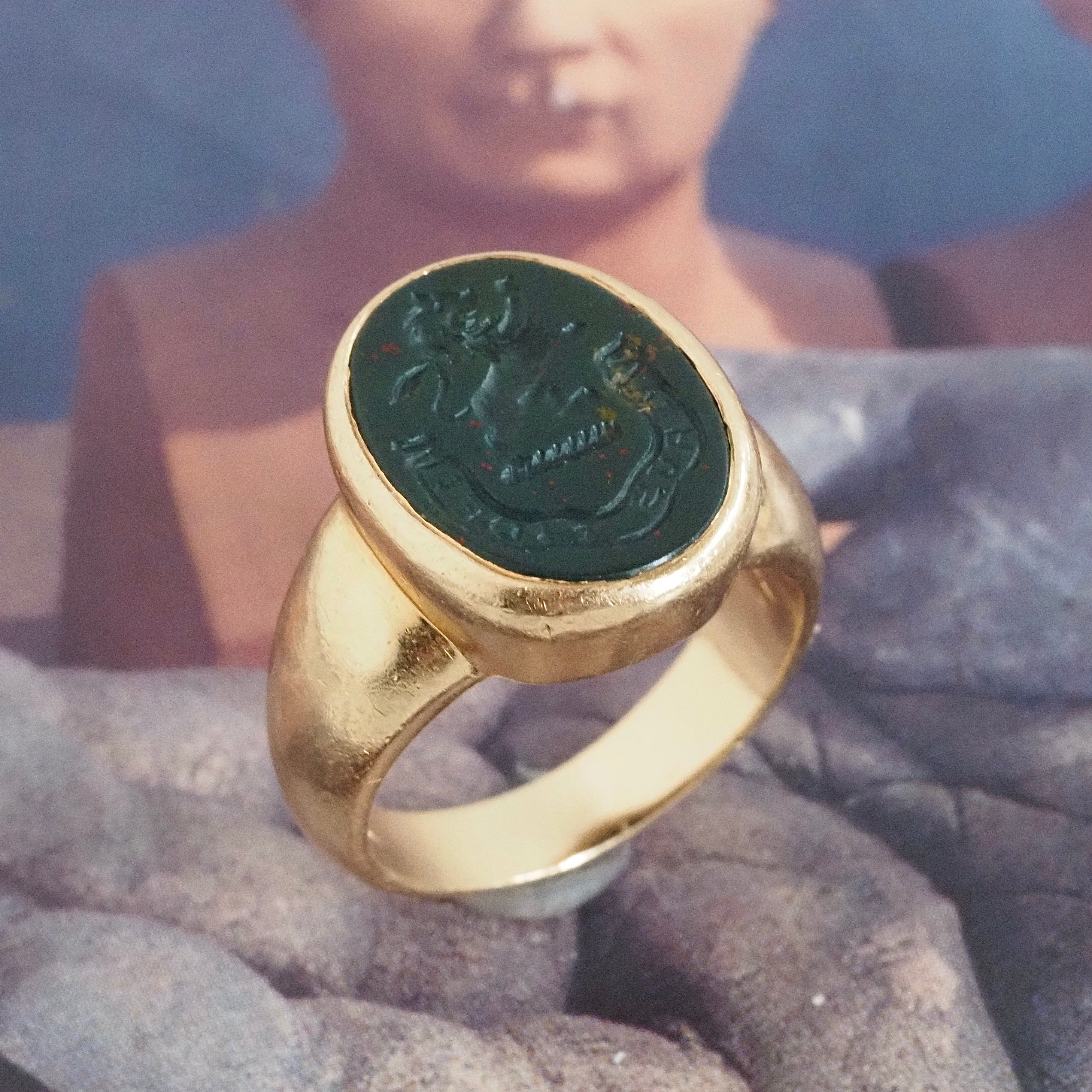 Antique Bloodstone Lion "Verus Fidelis" Intaglio 14k Gold Signet Ring