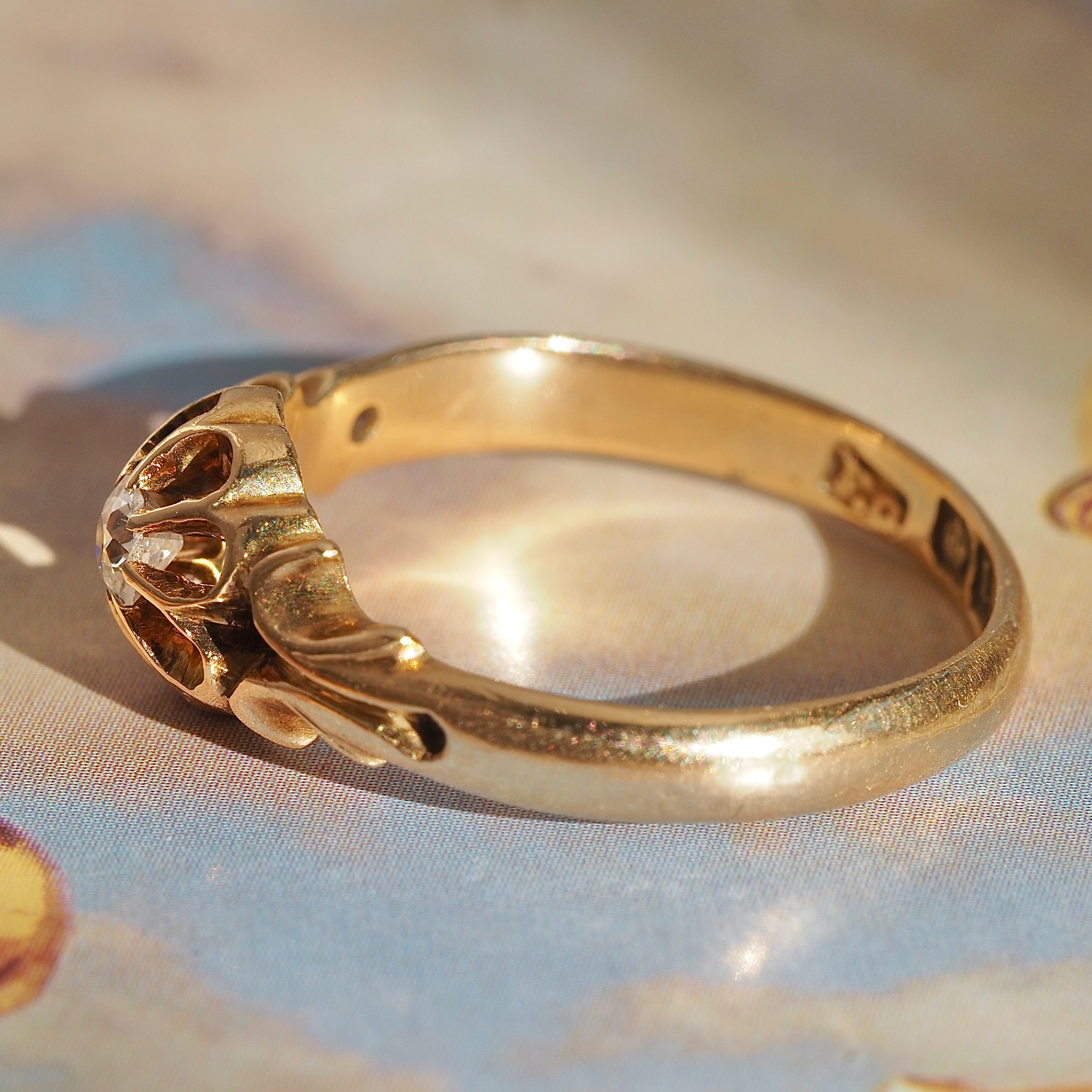 Antique English c. 1918 Old Mine Cut Diamond Belcher Set 18k Gold Engagement Ring