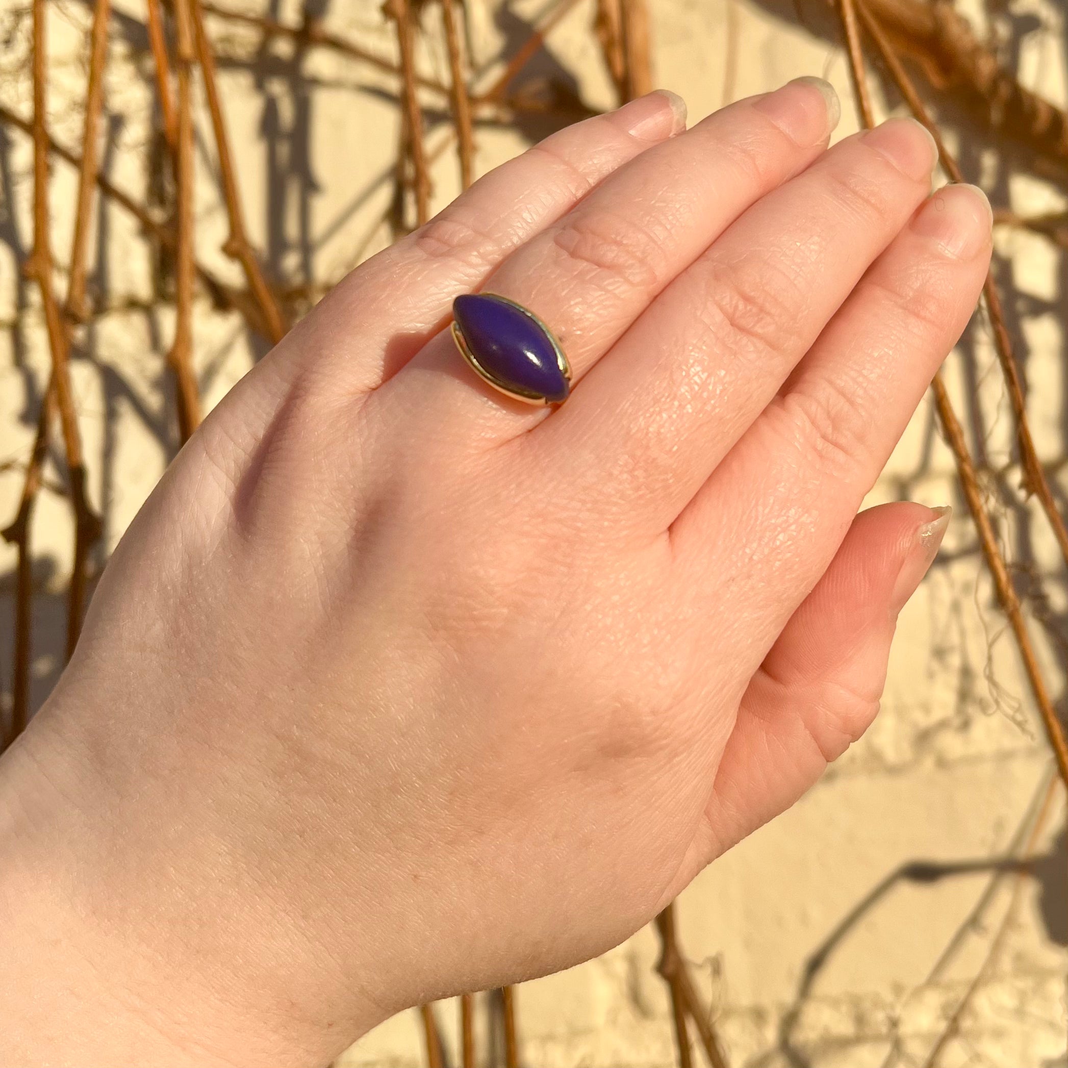 Vintage Modernist 18k Gold Marquise  Lapis Ring