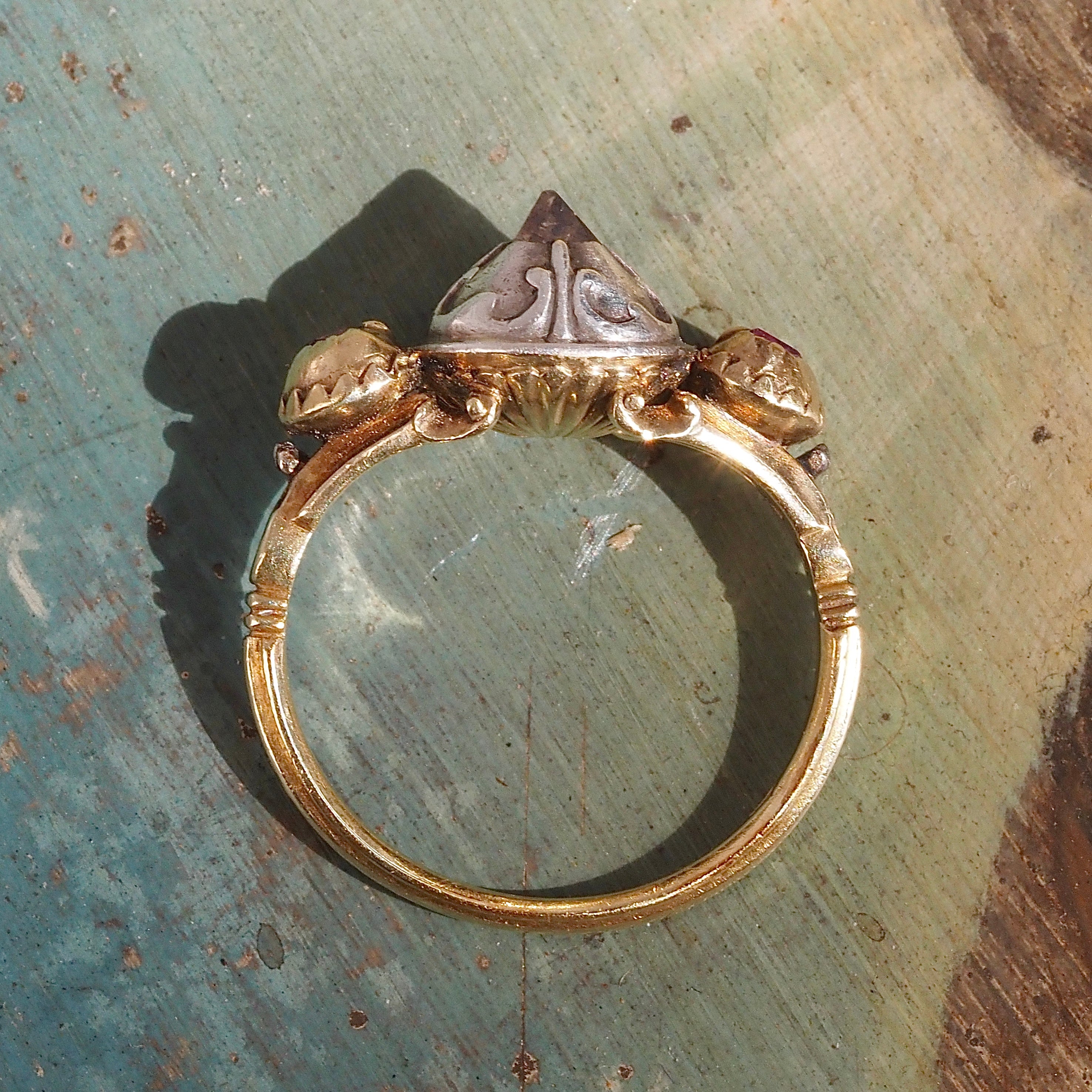 Antique Late 17th Century Baroque 18k Gold and Sterling Silver Point Cut Diamond and Table Cut Ruby Ring