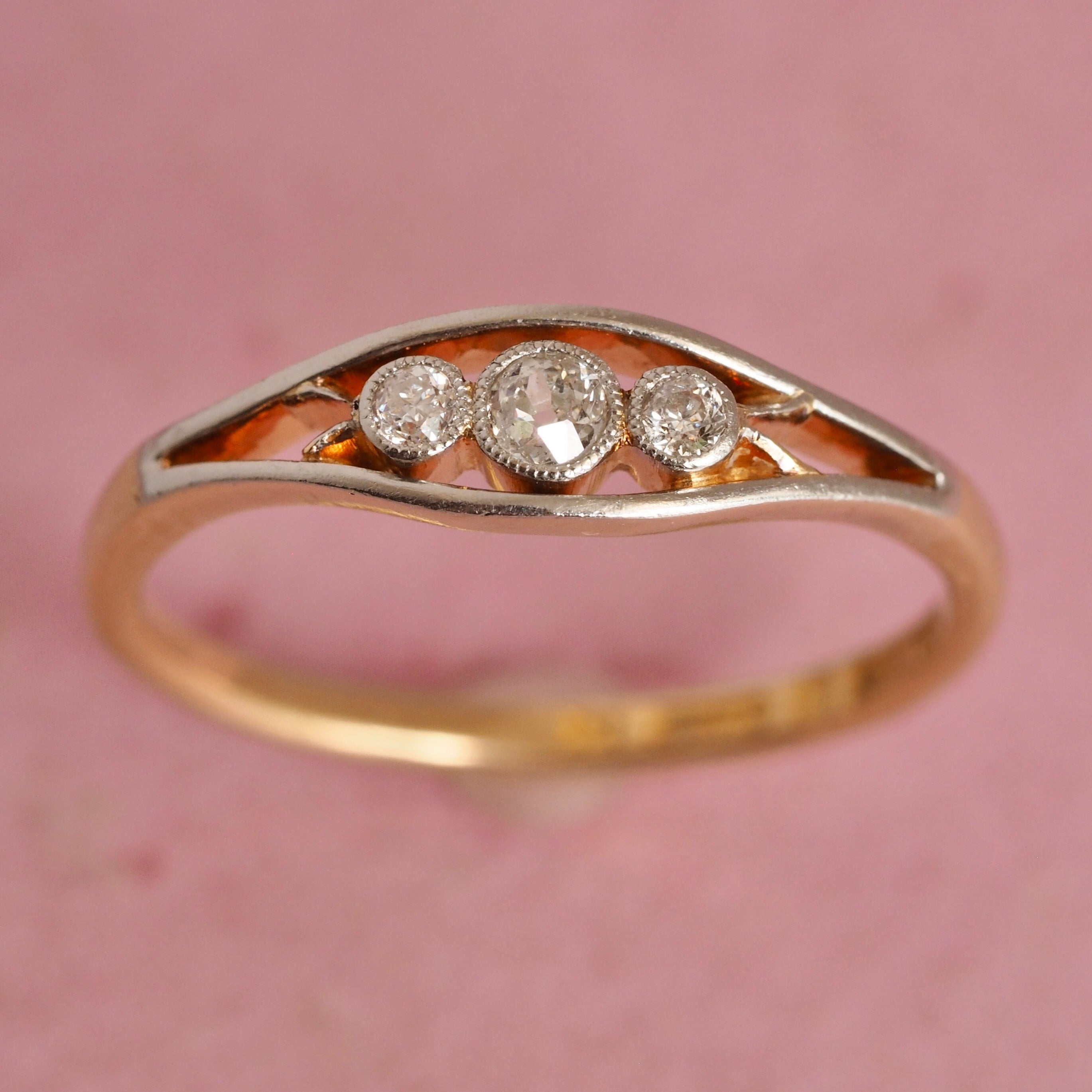 Late Art Deco English 18k Gold and Platinum Old Mine Cut Diamond Trilogy Ring