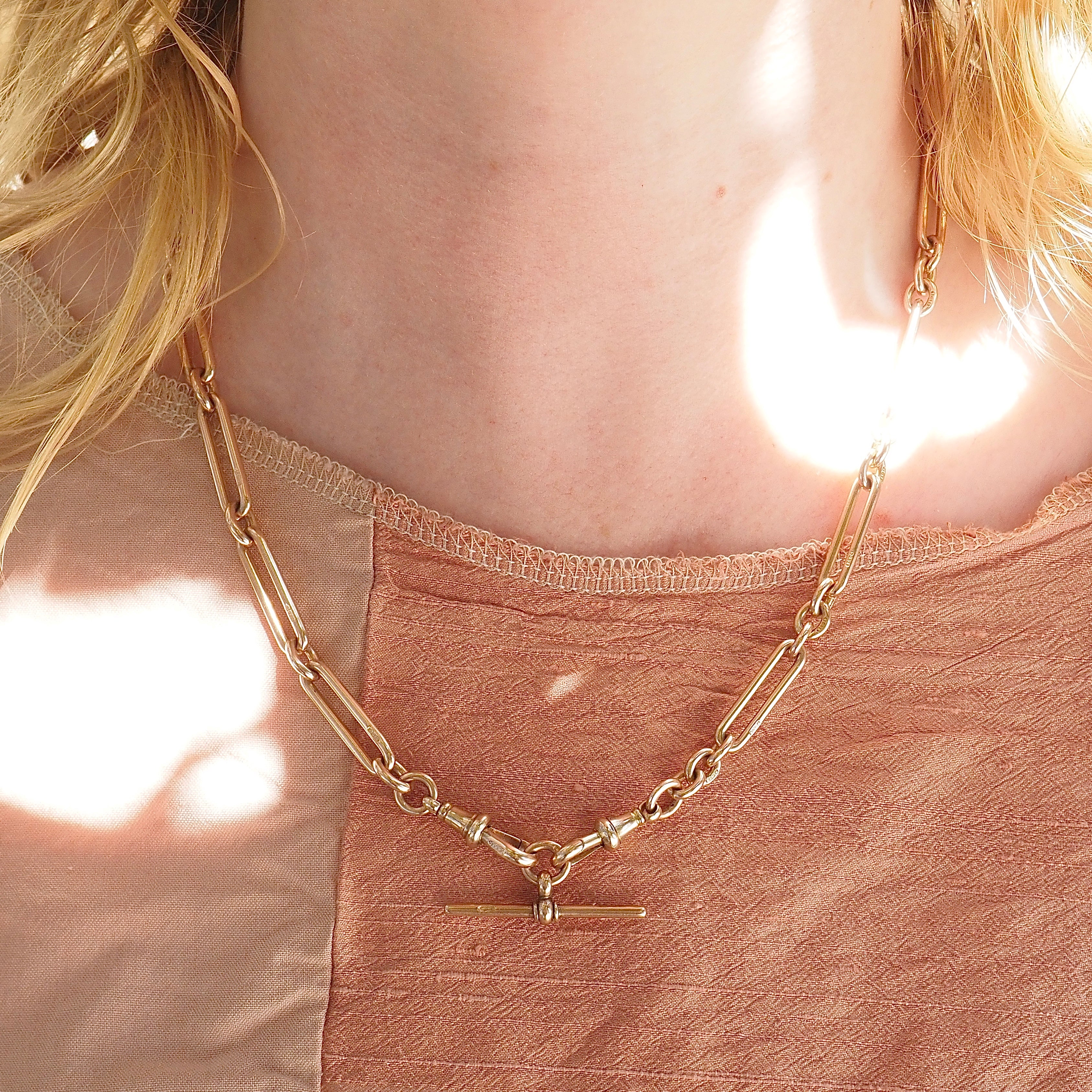 Antique c. 1901 English 9k Gold Trombone Link Albert Watch Chain Necklace with T-Bar and Dog Clips