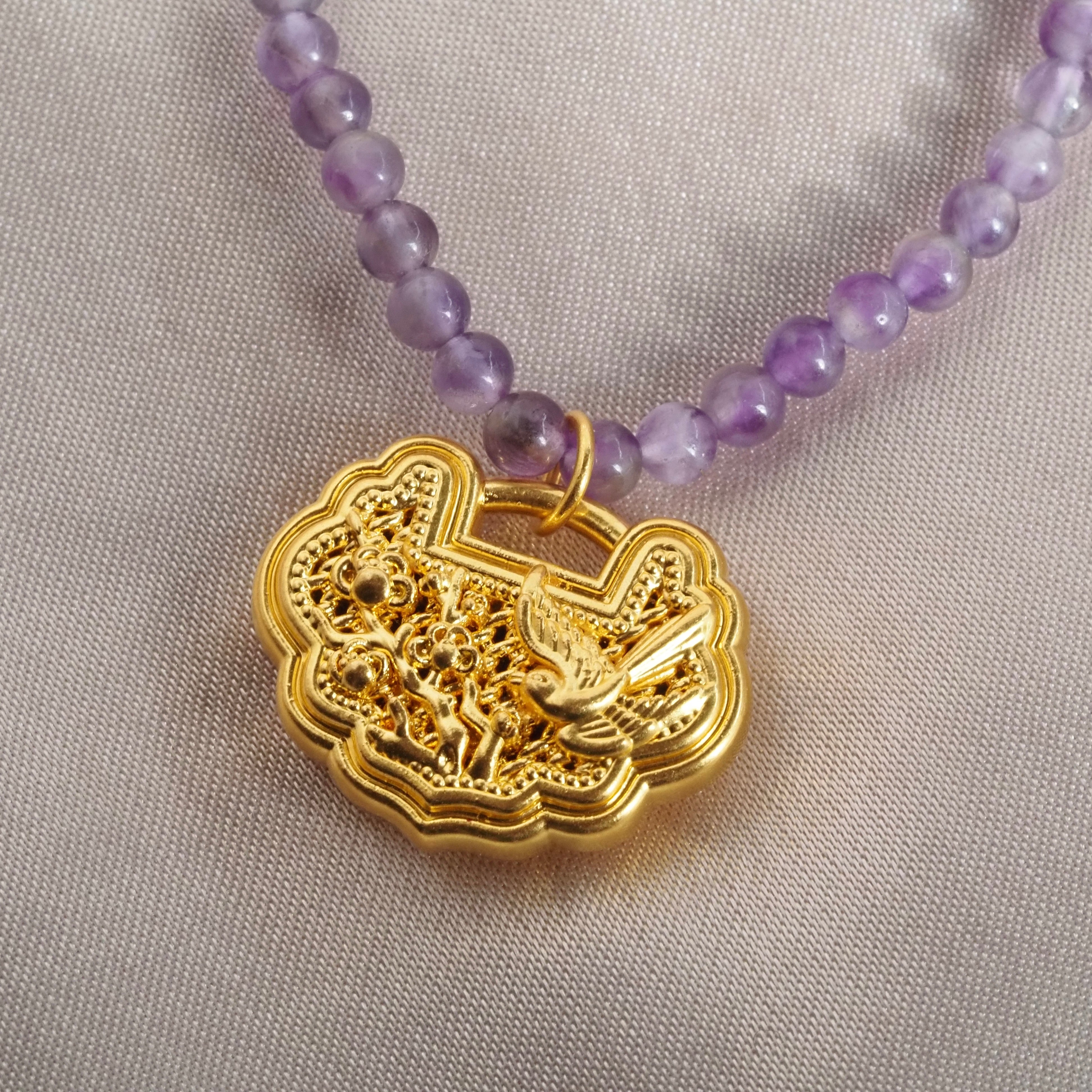 Vintage Chinese Amethyst Bead 24k Gold Lock Charm Necklace