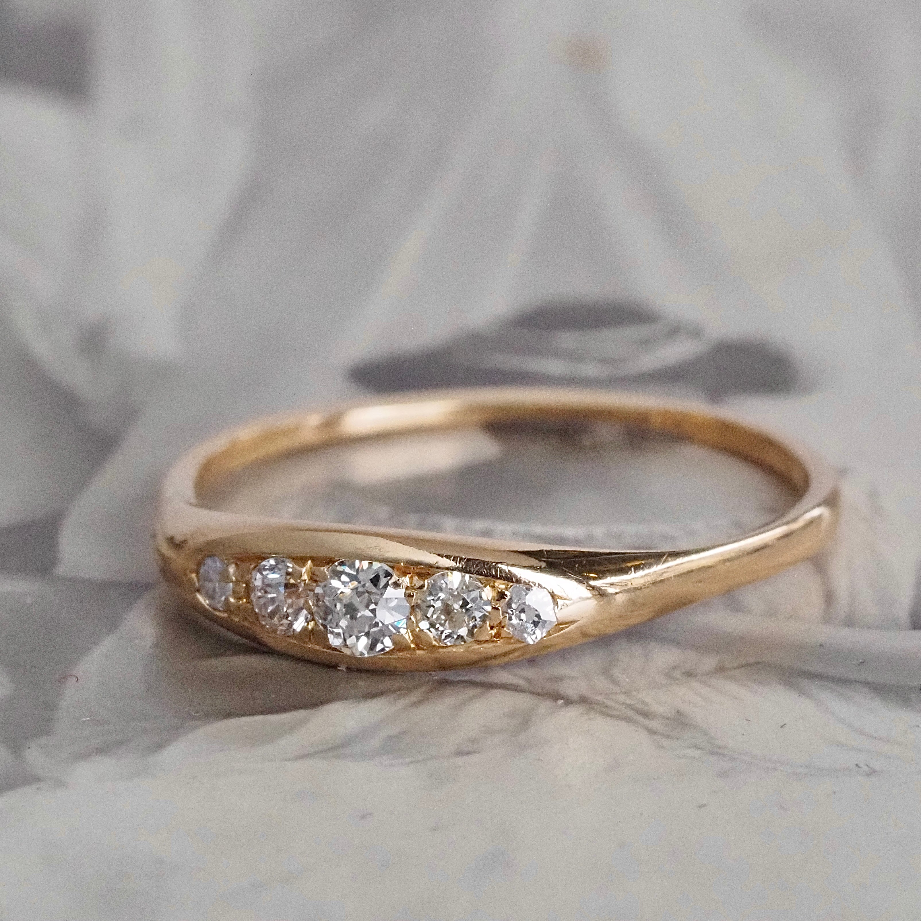 Antique English Old Mine Cut Diamond Five Stone 18k Gold Boat Ring