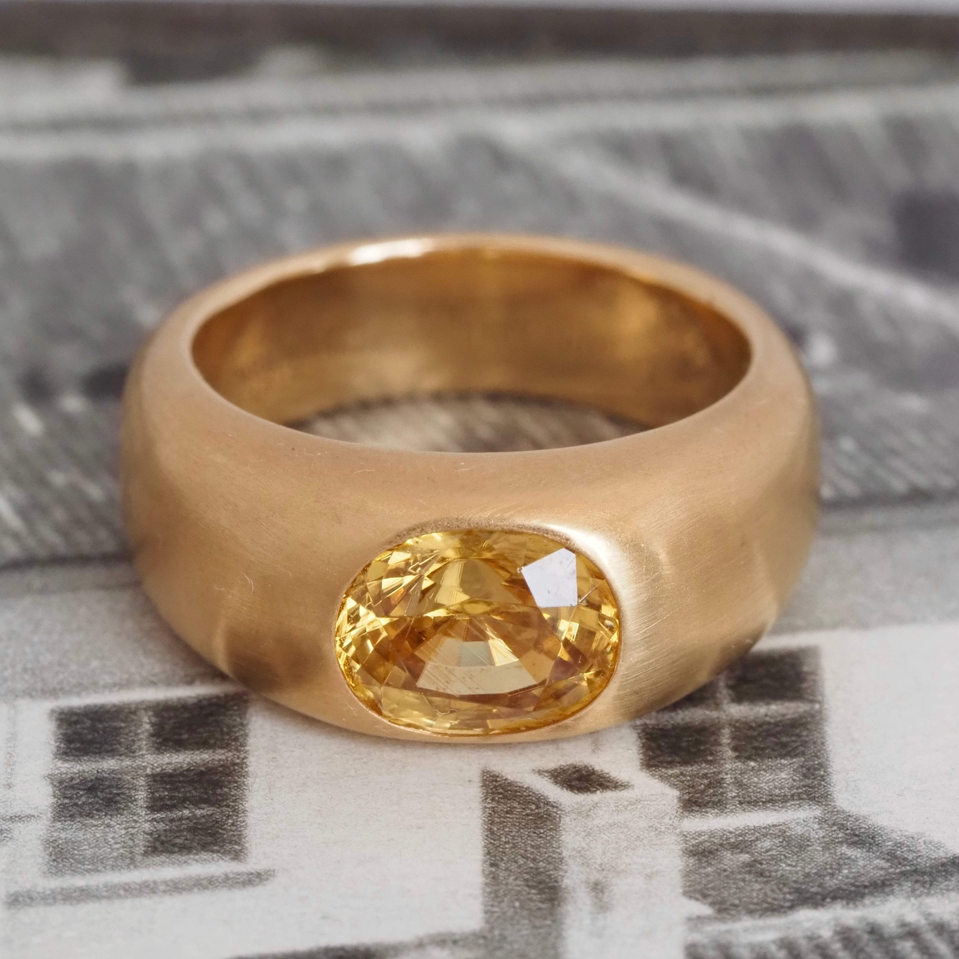 Natural Yellow Zircon Flush Set Brushed 18k Gold Dome Ring