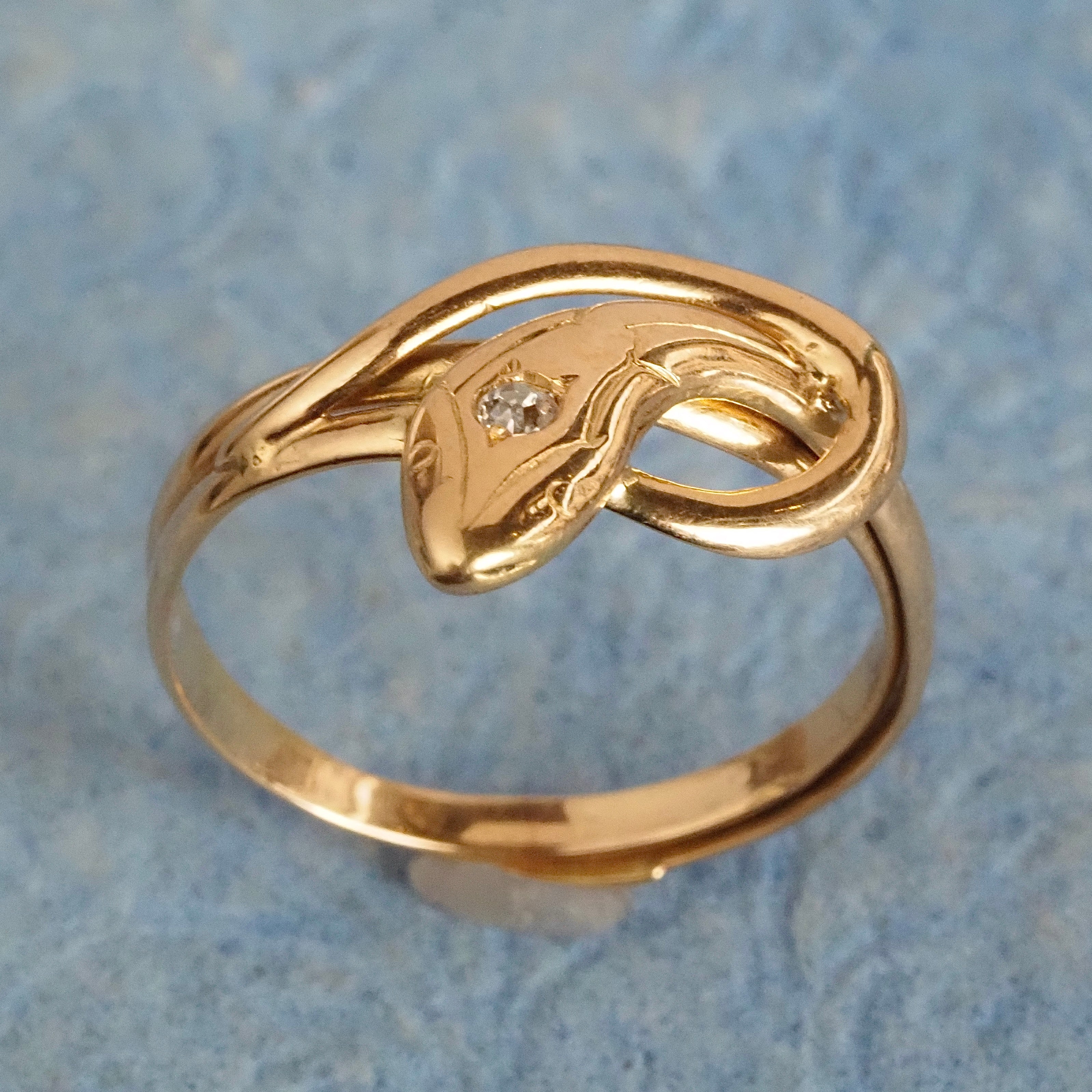 Mid-Century French Snake Old European Cut Diamond 18k Gold Ring