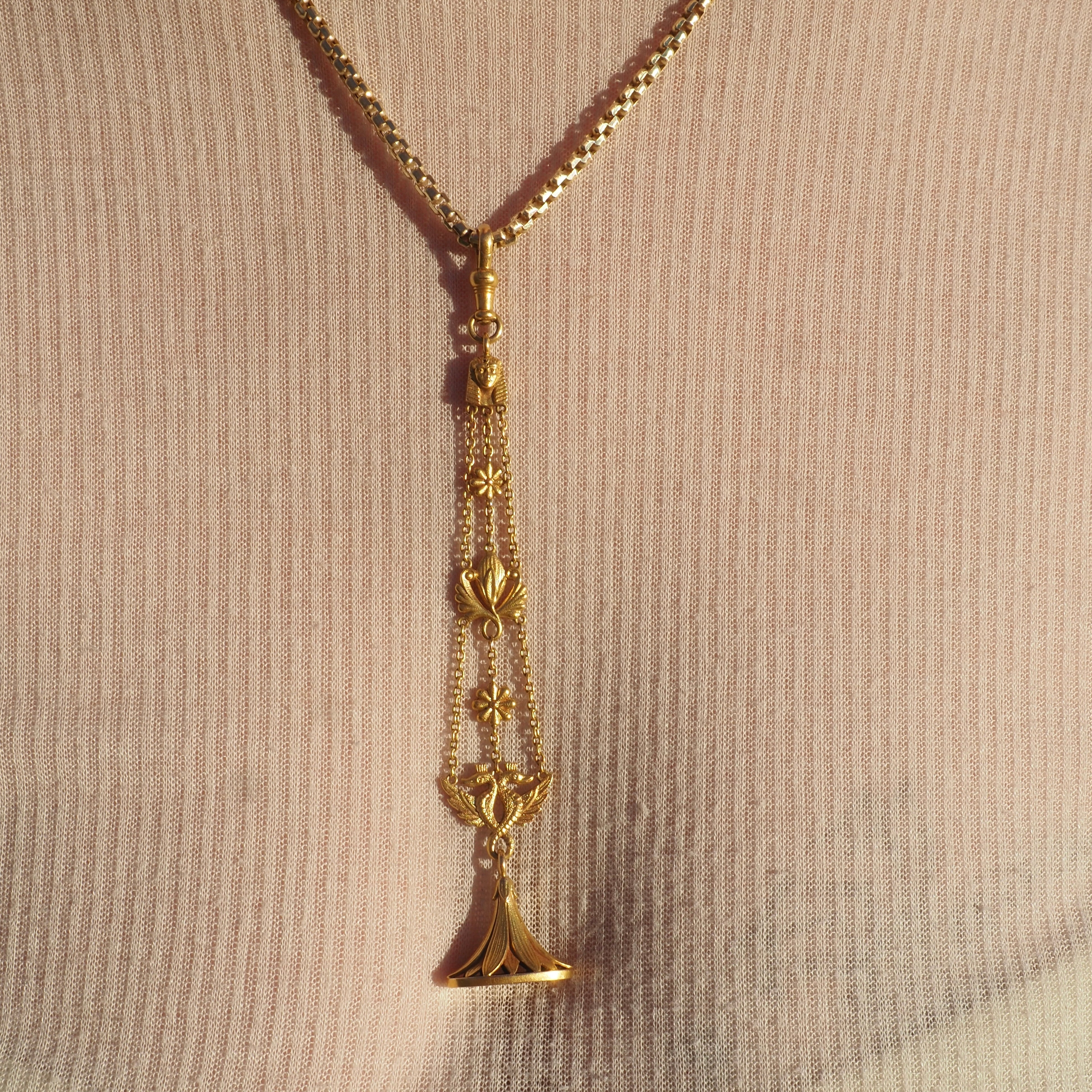 Antique Victorian Egyptian Revival Bloomed 14k Gold Floral Figurative Fob with Dog Clip