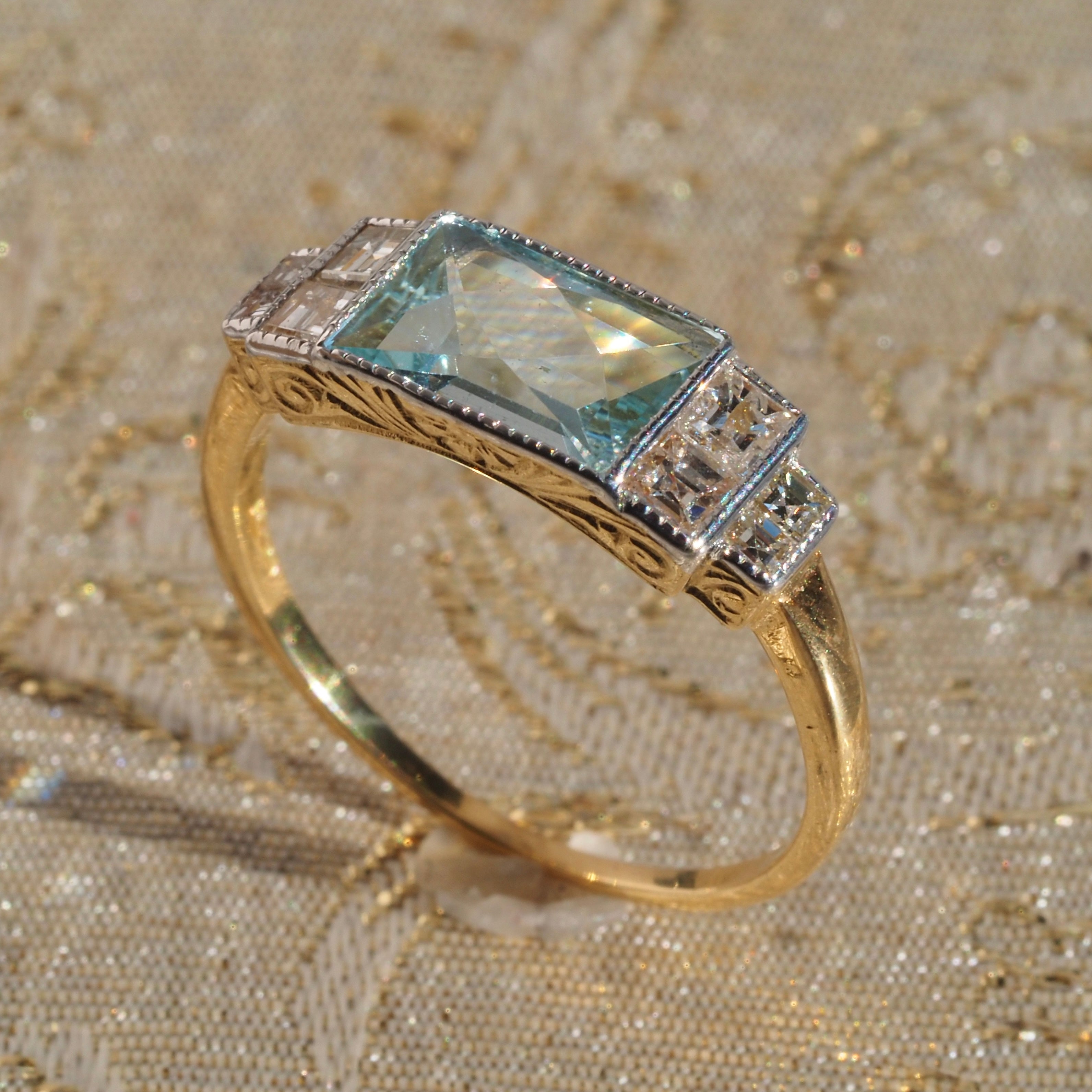Antique Art Deco English Aquamarine Diamond 18k Gold and Platinum Ring