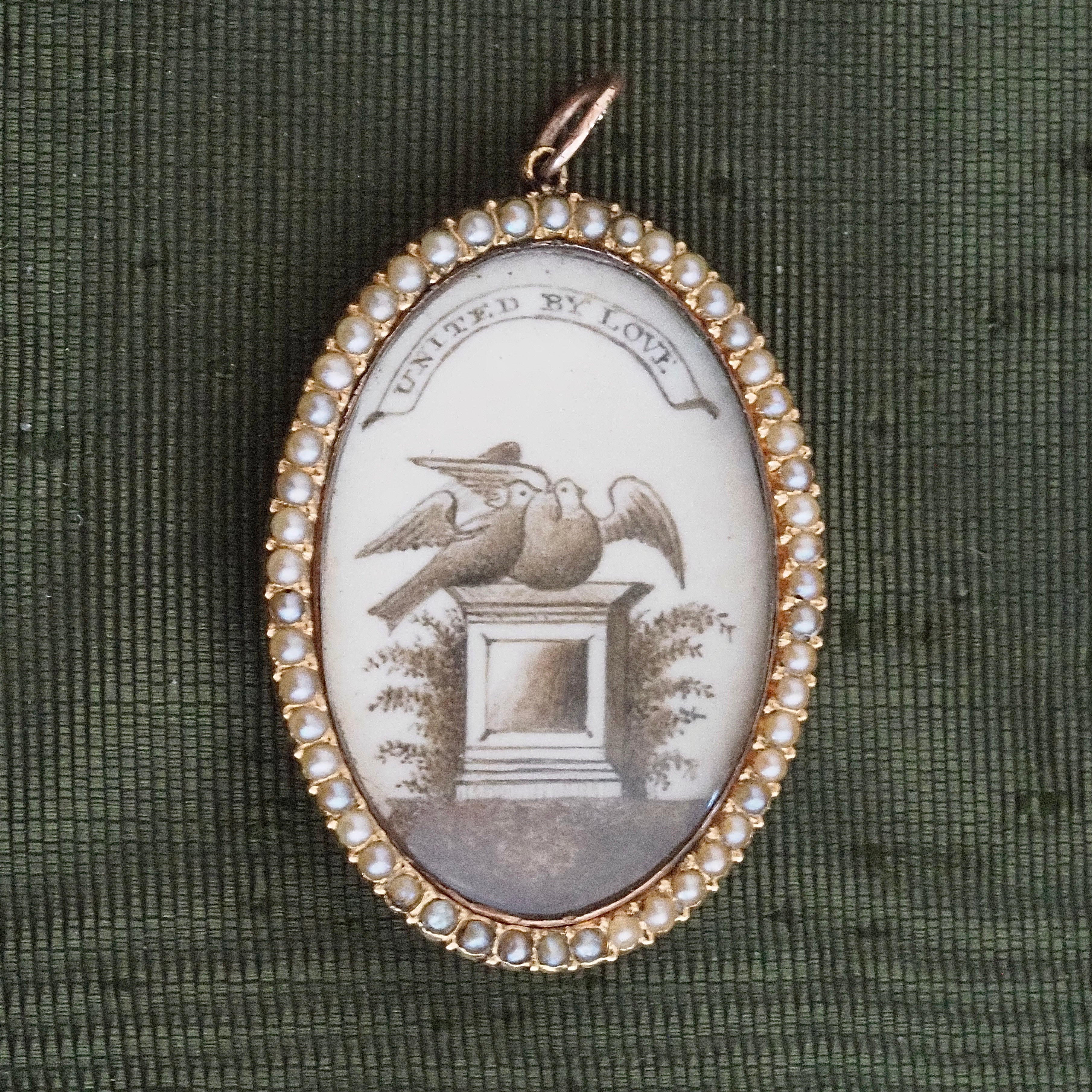 Antique Georgian/Early Victorian Doves "United by Love" Mourning Locket with Seed Pearls and 18k Gold