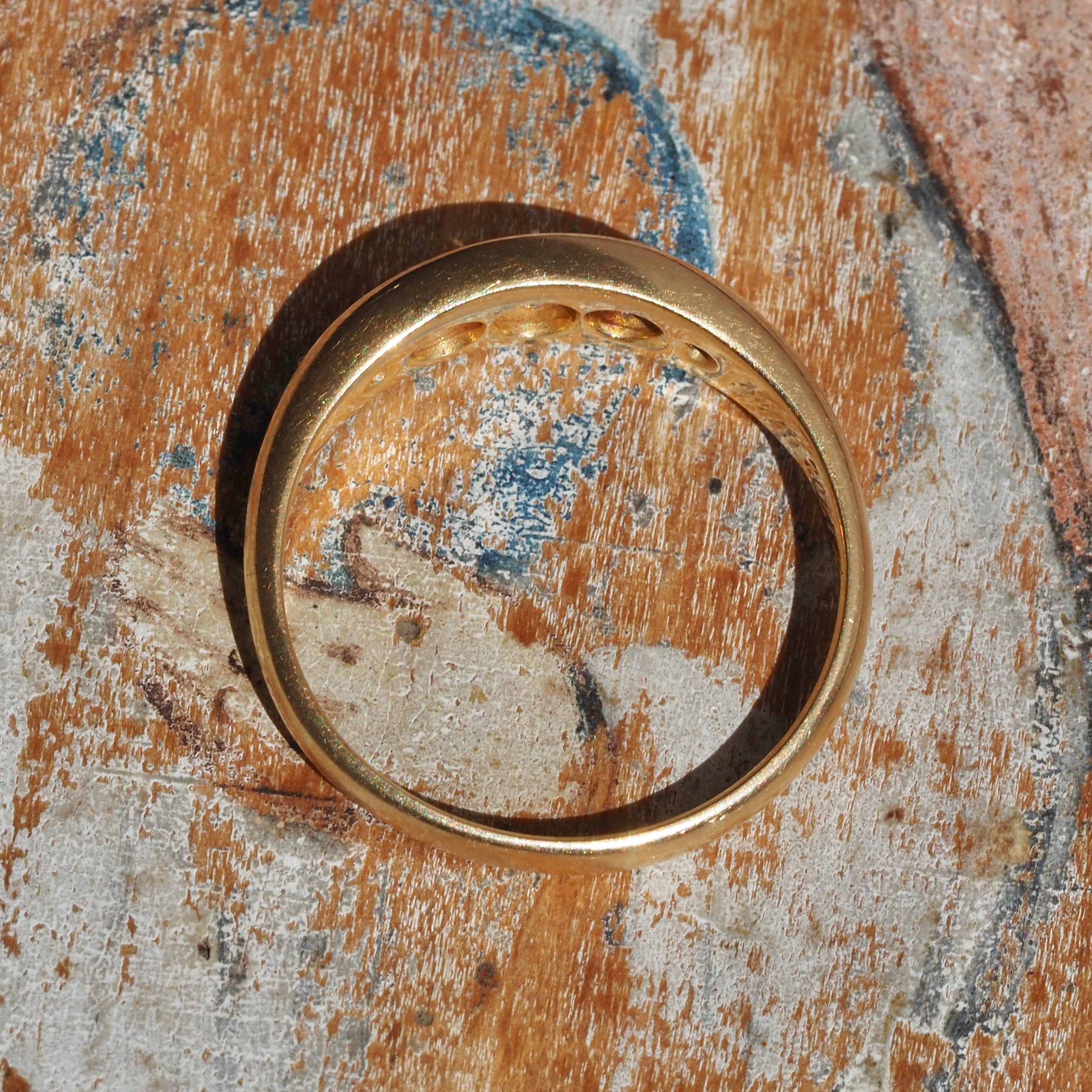 Antique English c. 1902 Old Mine Cut Diamond Five Stone 18k Gold Boat Engagement Ring