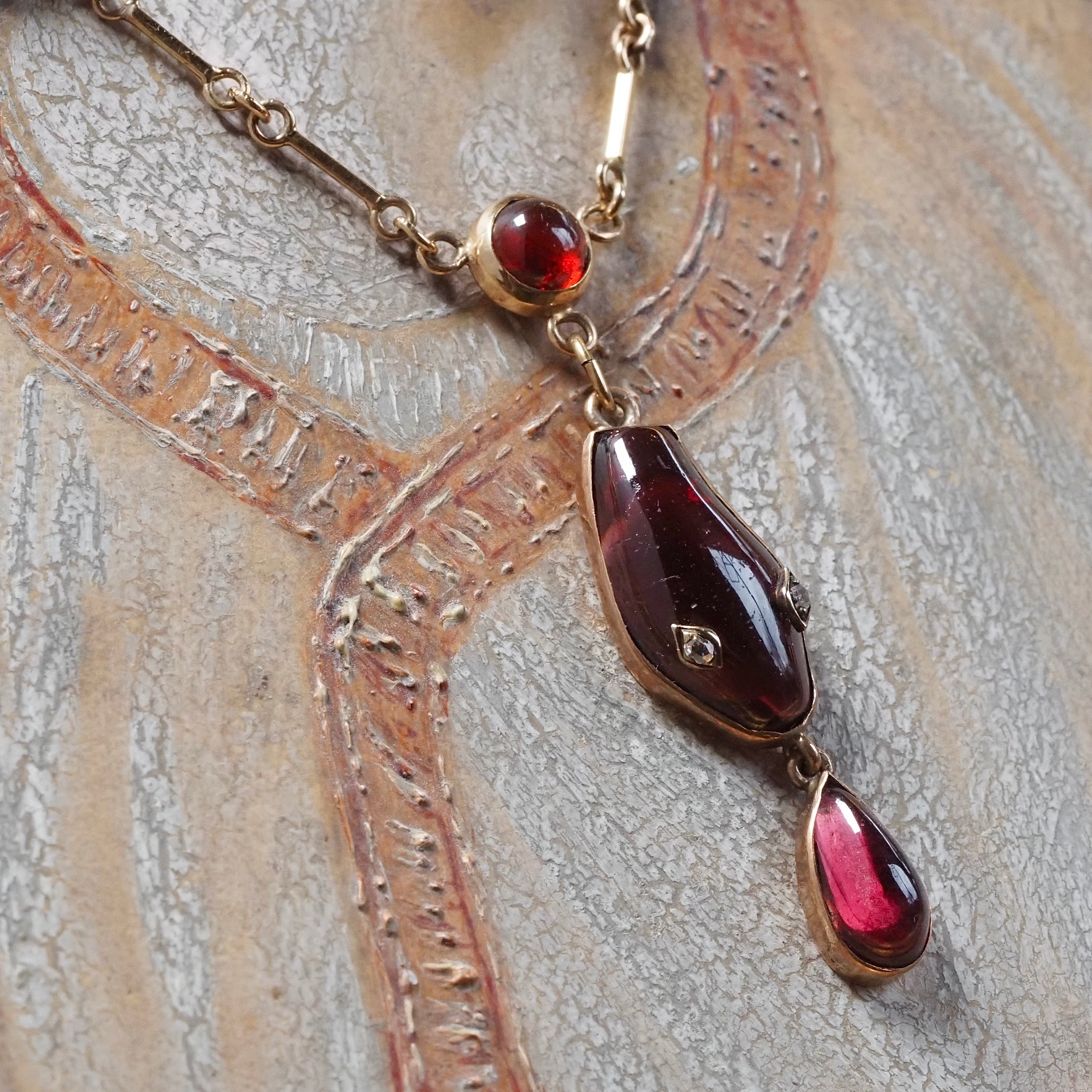 Antique Garnet Snake with Rose Cut Diamond Eyes 14k Gold Necklace